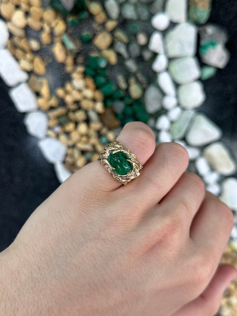 4.82ct 14K Gold Nugget Dark Vivid Emerald Cabochon Ring for Men - Unisex Pinky Ring for Casual Wear & Special Occasions