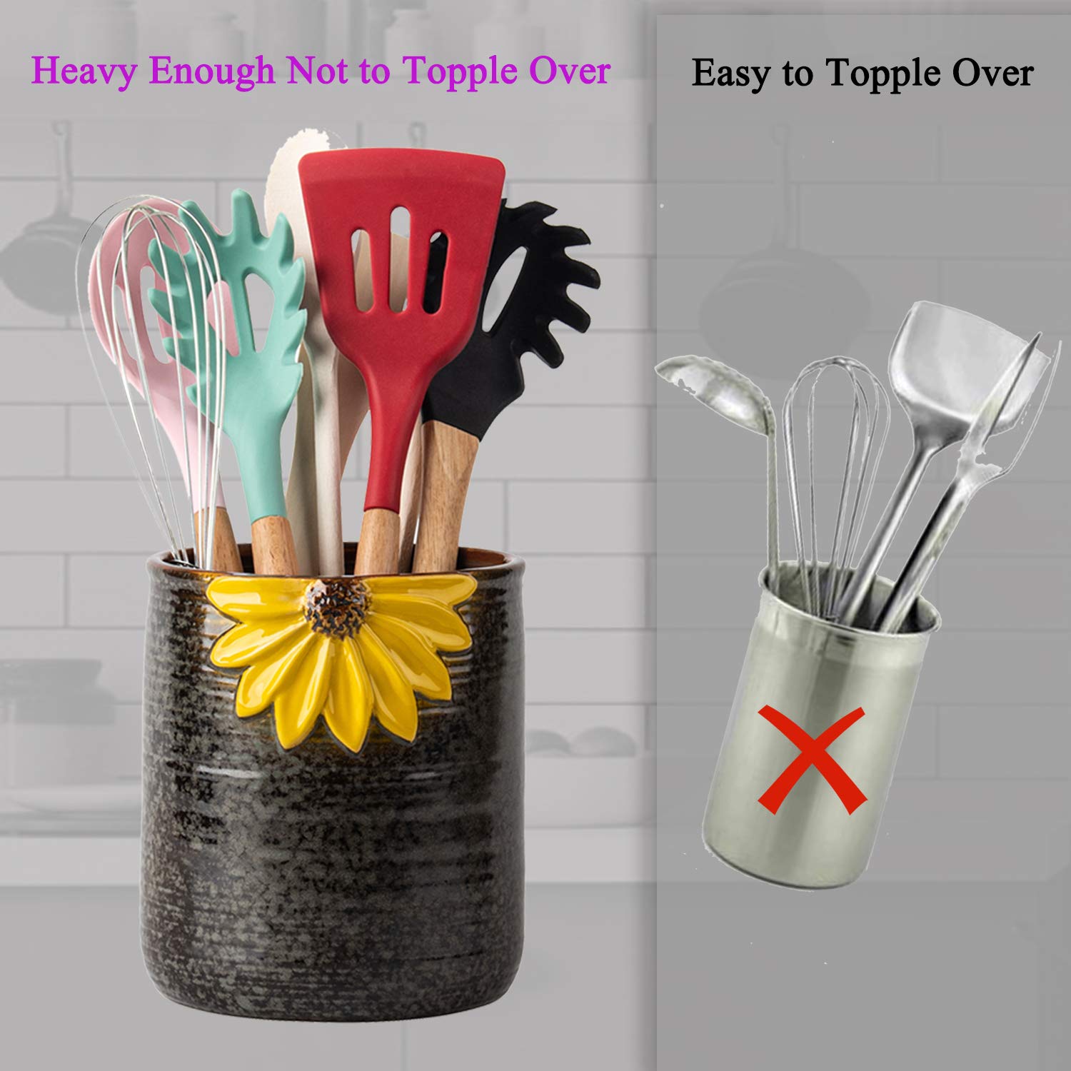 Ceramic Utensil Holder for Kitchen Countertop - Large Sunflower Decor Cooking Utensil Crock | Perfect for Organizing Spoons, Spatulas & Kitchen Tools on Counter or Stovetop