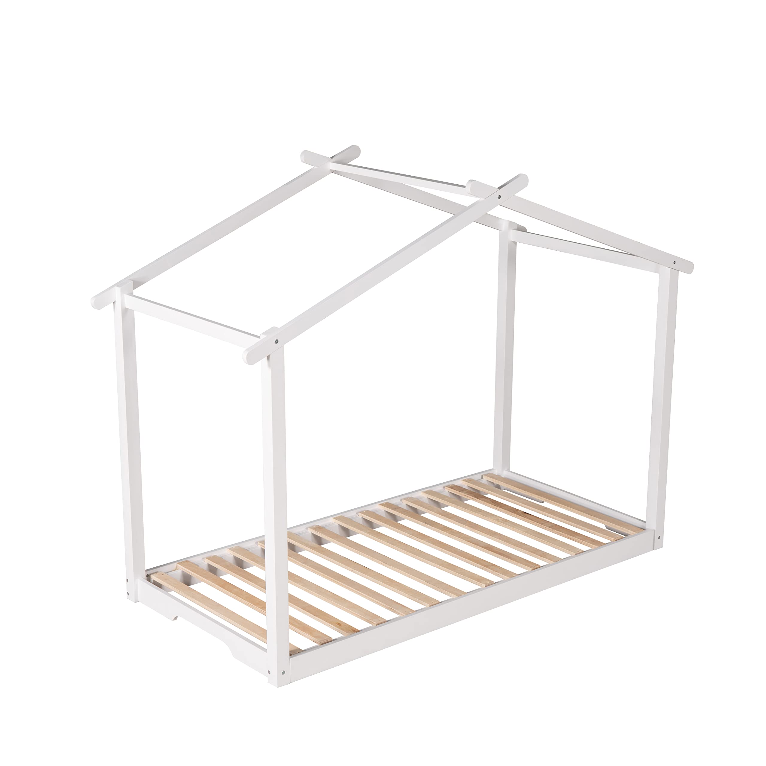 Solid Wood House Bed Frame - Twin XL/King Size Platform Bed with Trundle & Roof Design | Kids Floor Bed with Wood Slats Support | House-Shaped Daybed for Bedroom, Living Room, Playroom & Nursery | Sturdy Wooden Bed Frame for Toddlers & Teens