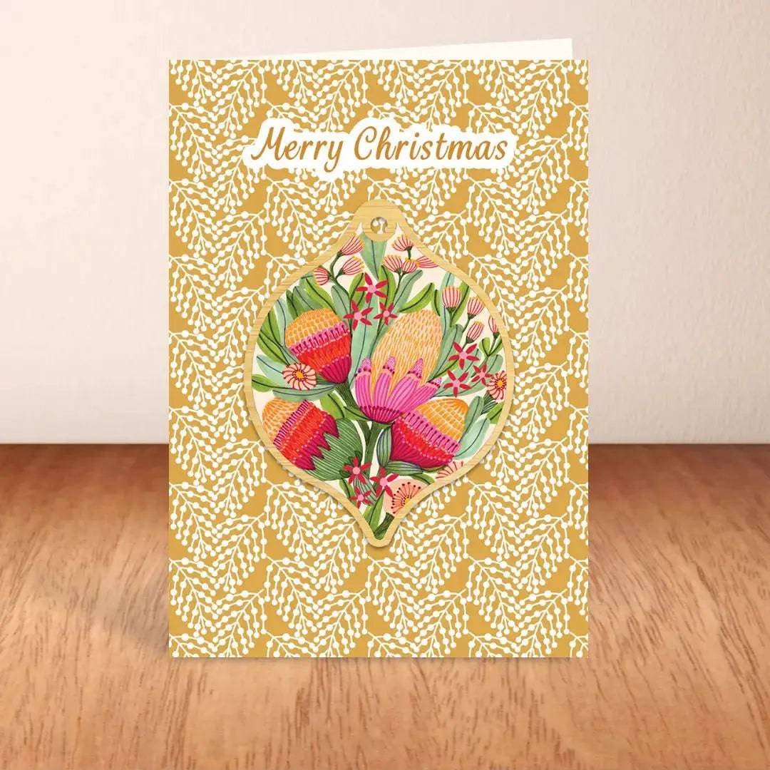 Premium Protea & Gum Flowers Australian Christmas Card & Bauble Set - Perfect for Holiday Greetings, Tree Decorations & Festive Gift Giving