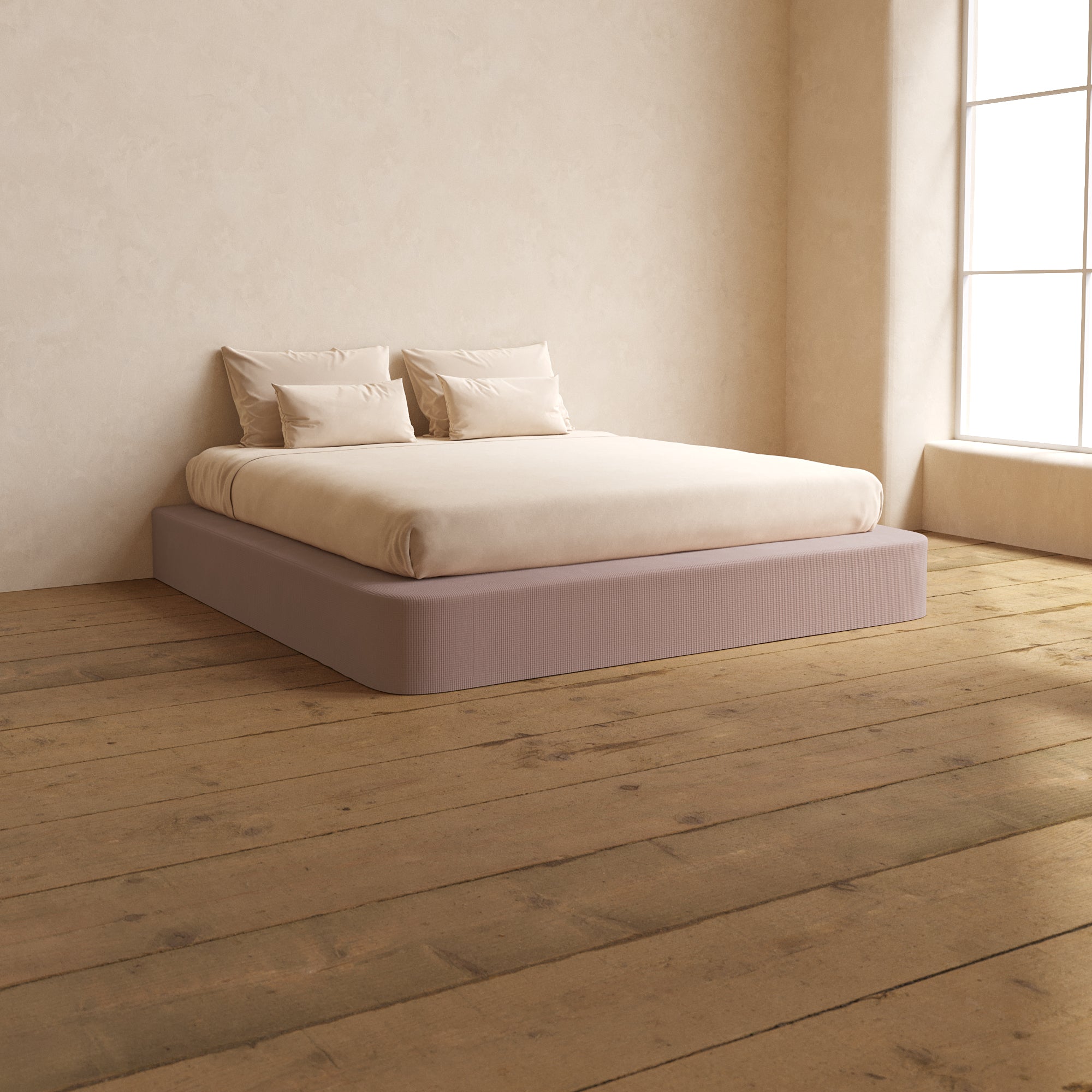 King Size Upholstered Platform Bed with Mizu Weave Headboard - Modern Cherry Blossom Design for Master Bedroom Decor | Luxury Bed Frame with Sturdy Wooden Slats Support | Perfect for Contemporary and Asian-Inspired Home Interiors