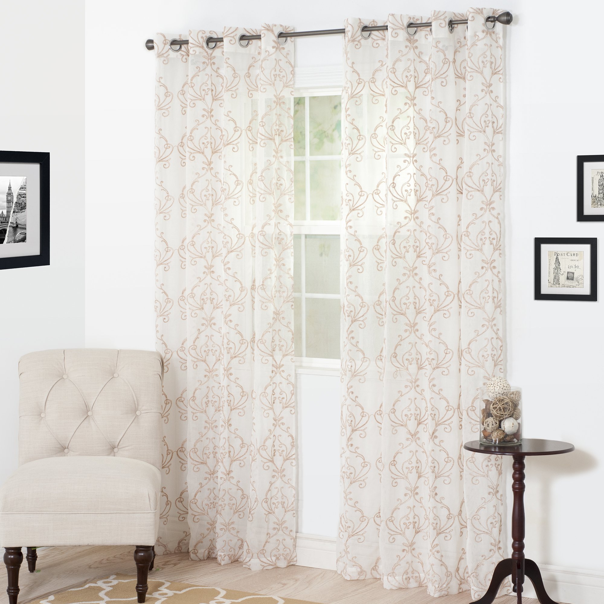 Bedford Home Valencia Embroidered Taupe Curtains 108 Inch - Elegant Window Treatments for Living Room & Bedroom
