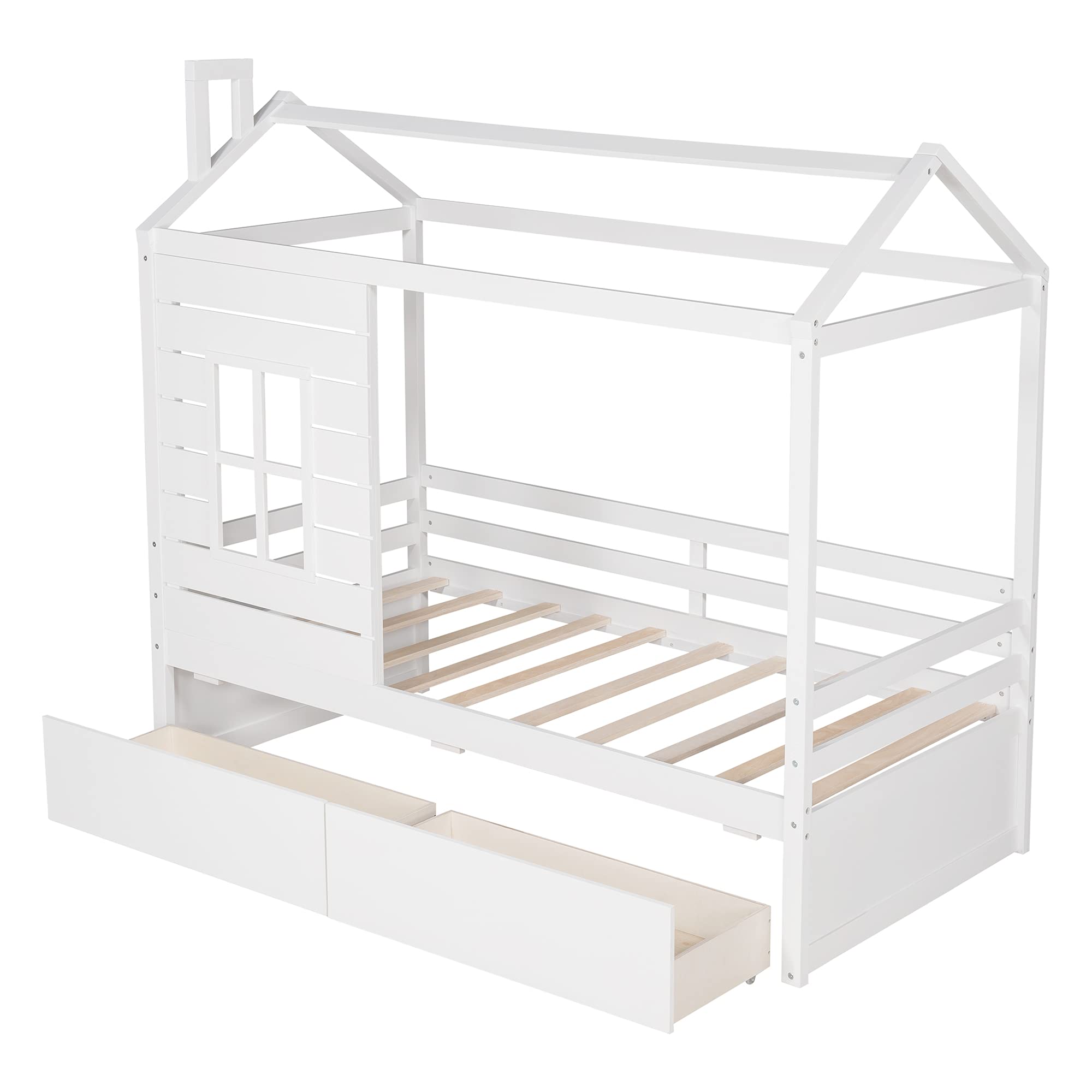 Wooden House Bed Frame with Roof, Window & Guardrail - Twin Size Kids Bed with 2 Storage Drawers - Perfect for Boys, Girls, Teens & Children's Bedroom Decor - Playful Sleep Space for Imaginative Play & Cozy Nights