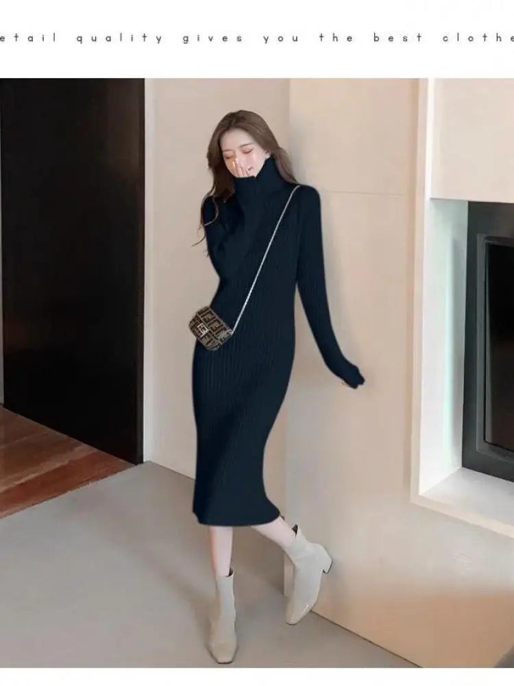 Women's White & Black Knit Sweater Dress - Long Sleeve Turtleneck Wrap Hip Dress for Fall Winter | Casual Office Wear & Holiday Outfit