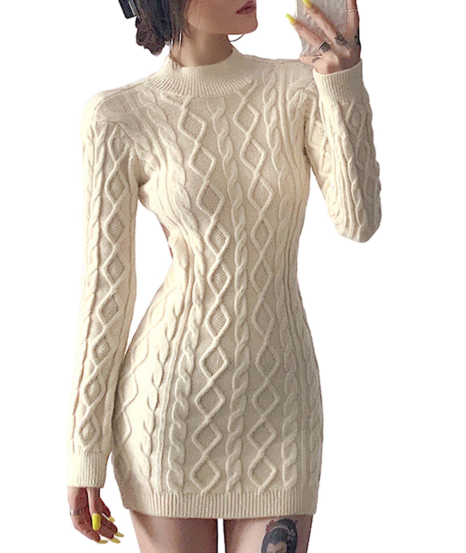 xxxiticat Women's Sexy Backless Cut Out High Neck Sweater Dress - Long Sleeve See Through Cable Knit Turtleneck Pullover for Date Night/Club/Party