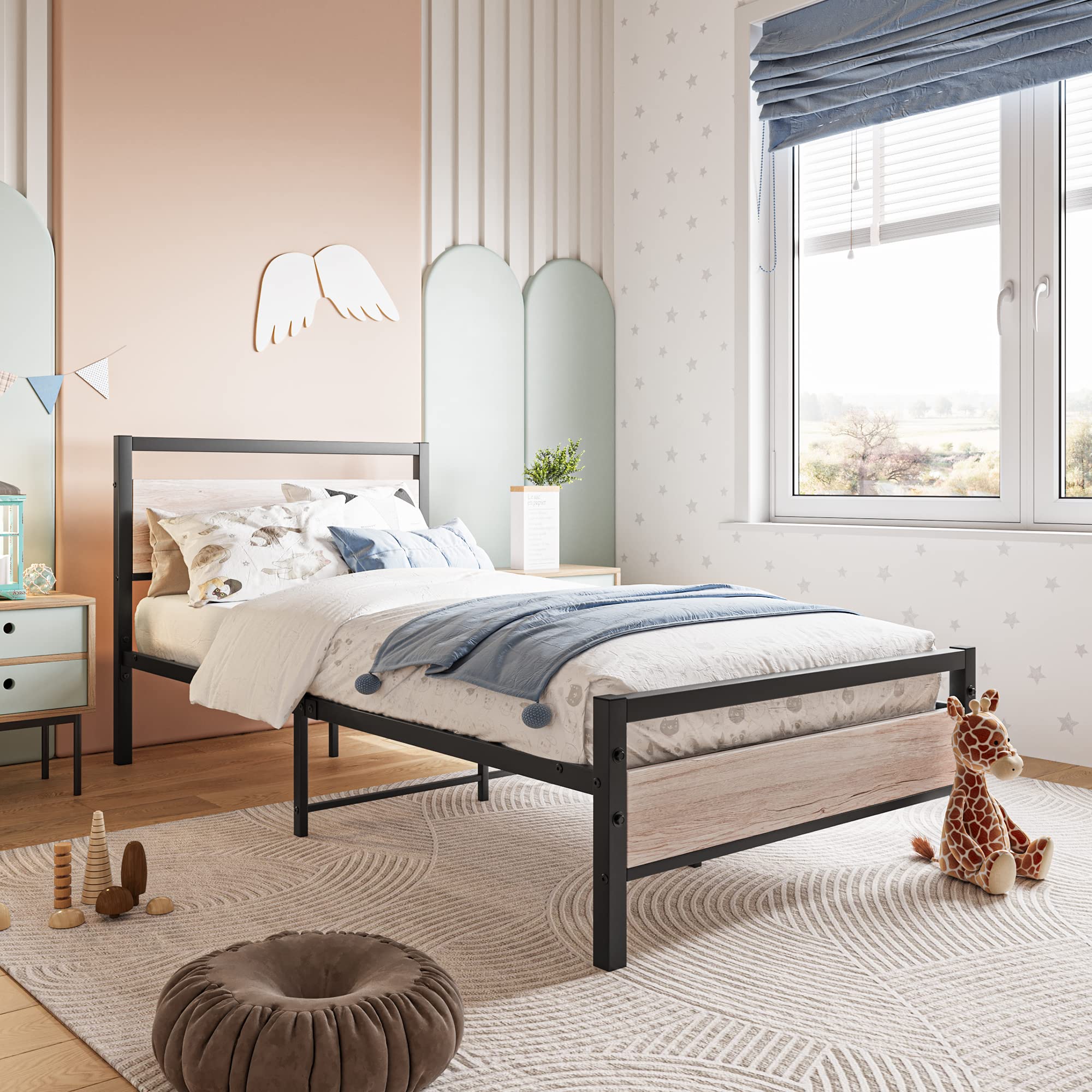 BOFENG Twin Bed Frame with Wood Headboard - Heavy Duty Metal Platform Bed with Steel Slat Support, No Box Spring Needed - Farmhouse Style Bed Frame in Natural Oak - Perfect for Guest Rooms, Dormitories & Small Spaces
