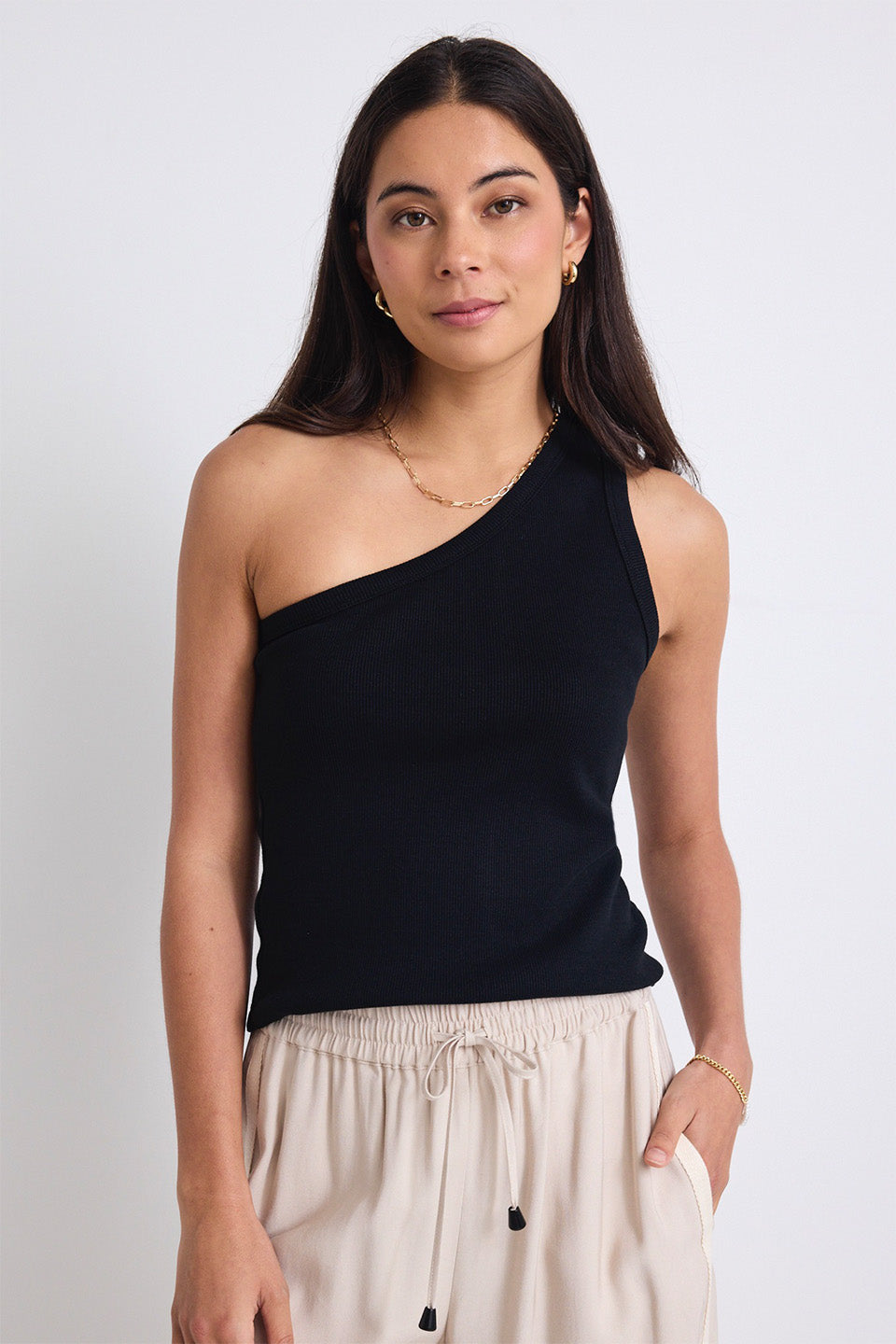 Celestial Black One Shoulder Ribbed Tank Top for Women - Elegant & Sexy Summer Outfit for Beach, Party & Night Out