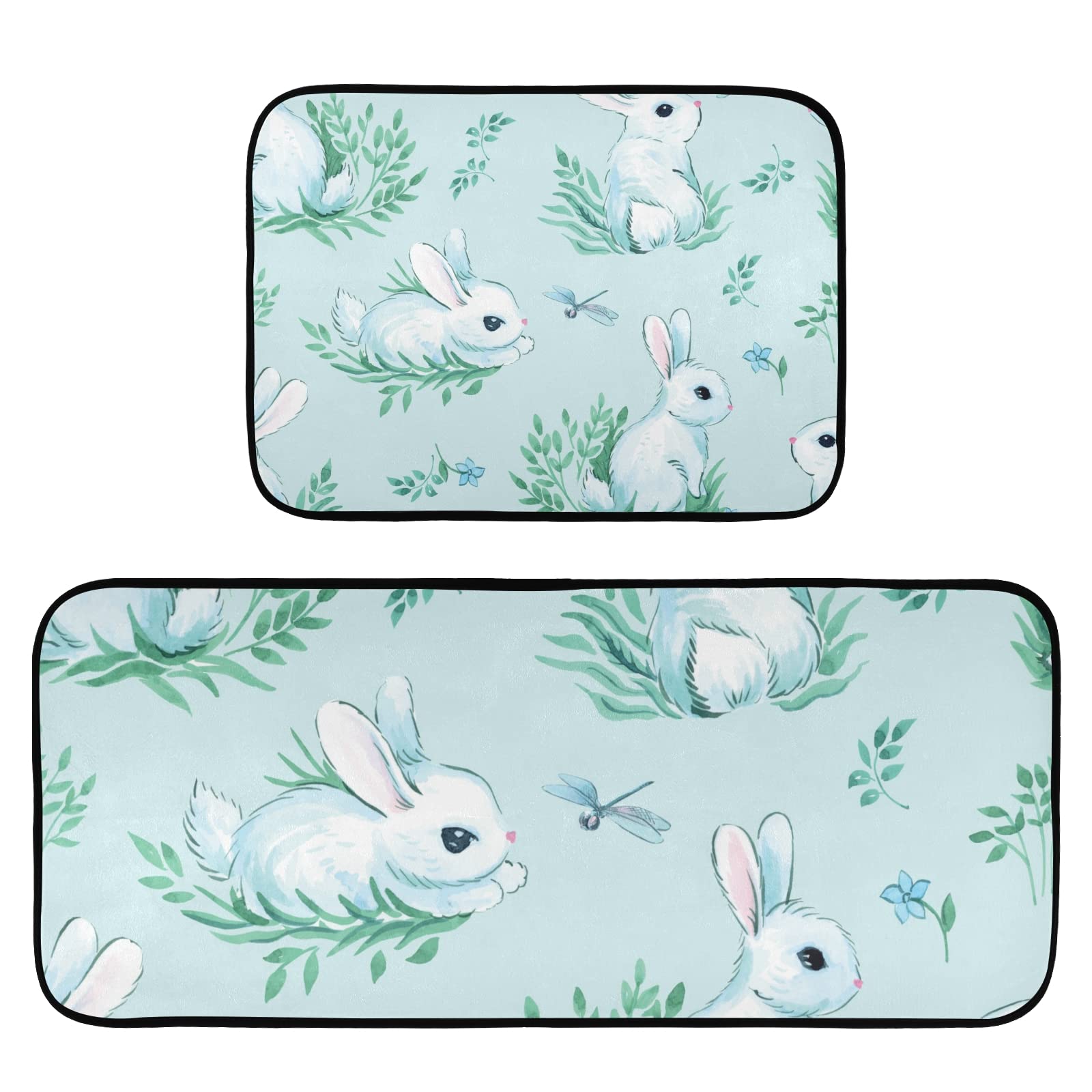 2-Piece Painted Bunnies Anti-Fatigue Kitchen Rugs - Waterproof Non-Slip Floor Mats with Comfort Elastic Cotton Layer for Kitchen, Home, Office, Sink & Laundry - Perfect for Standing Comfort While Cooking, Washing Dishes or Doing Laundry