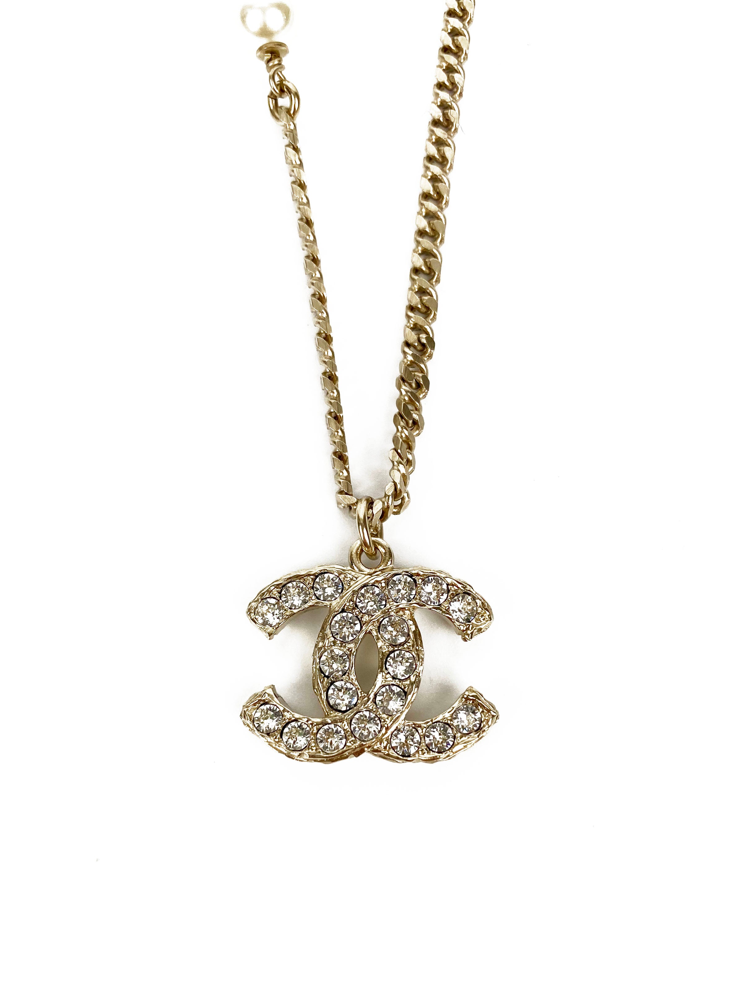 Chanel Brass Gold Logo Necklace with Dangling Pearls - Elegant Luxury Jewelry for Women, Perfect for Parties, Weddings & Special Occasions