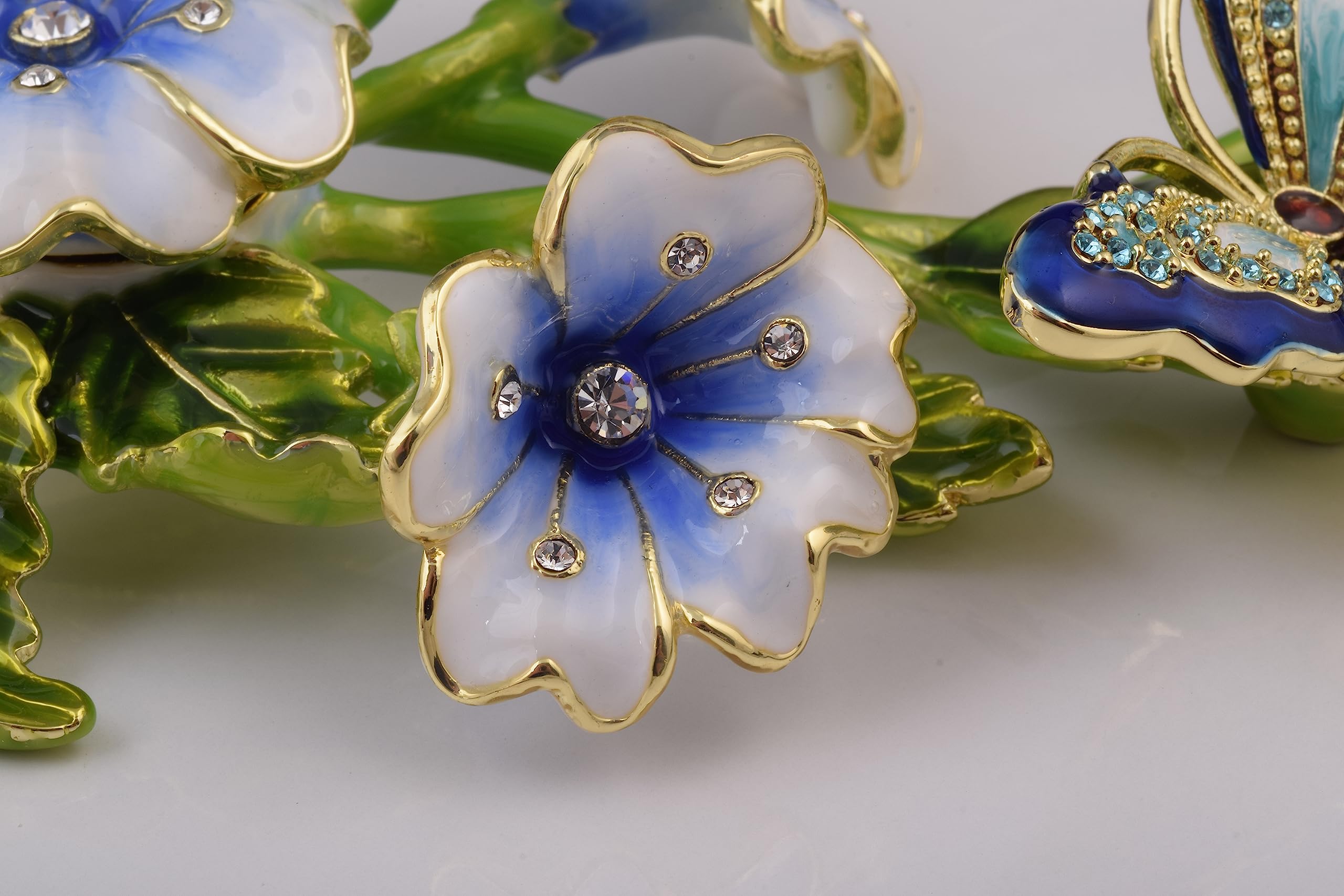 Exquisite Blue Butterfly on Branch with Flowers Faberge-Style Trinket Box - Elegant Home Decor Jewelry Storage for Bedroom, Bathroom & Gift Giving