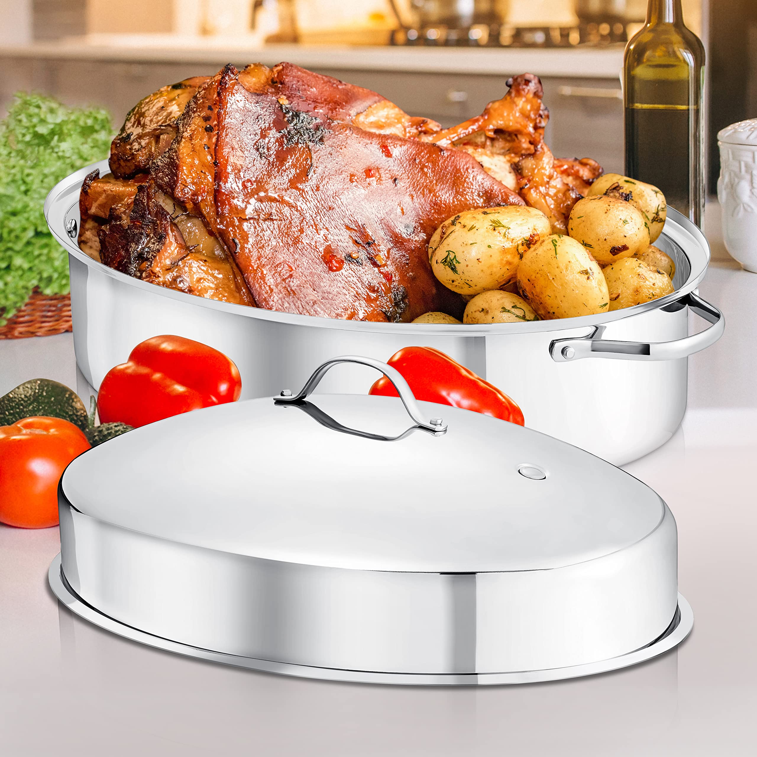 NutriChef 20-Inch Stainless Steel Oval Roasting Pan with Rack & Lid - Heavy Duty Turkey Roaster Pan for Oven, Dishwasher Safe Cookware for Chicken, Beef, Stews - Perfect for Thanksgiving, Holiday Dinners & Family Gatherings