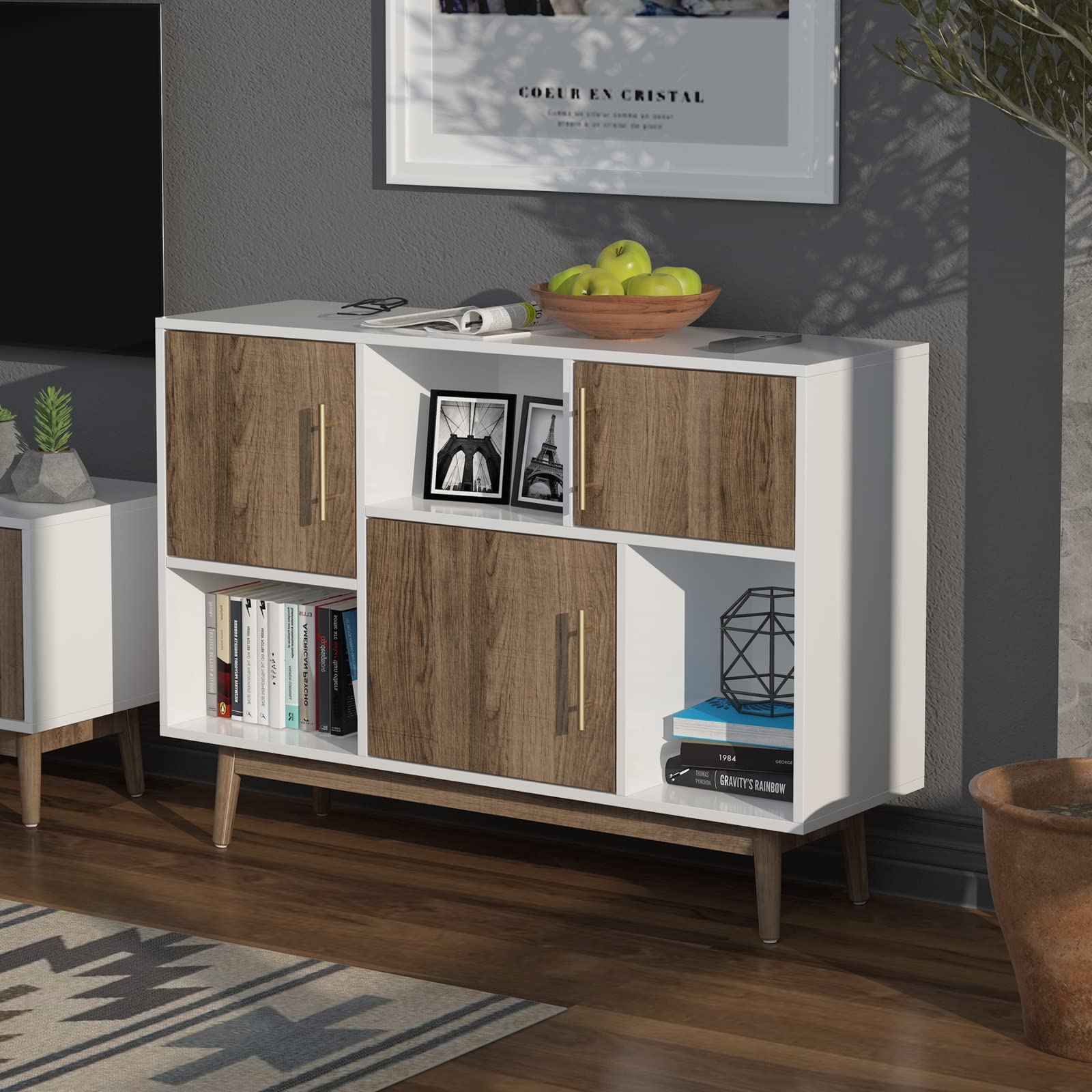 Vintage Mid Century Modern 6-Cube Bookshelf with Crisscross Partitions & Gold Handles - 2-Tier Wooden Storage Organizer with Doors for Bedroom, Office, Living Room (Walnut) - Perfect for Home Decor, Book Storage & Displaying Decorative Items