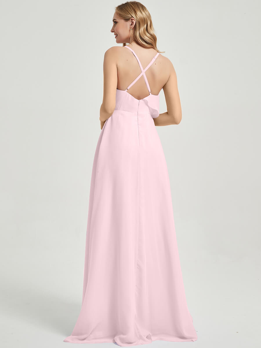Elegant Blush Pink Criss Cross Straps Ruffled Chiffon Maxi Dress for Bridesmaids - Perfect for Weddings, Parties & Formal Events