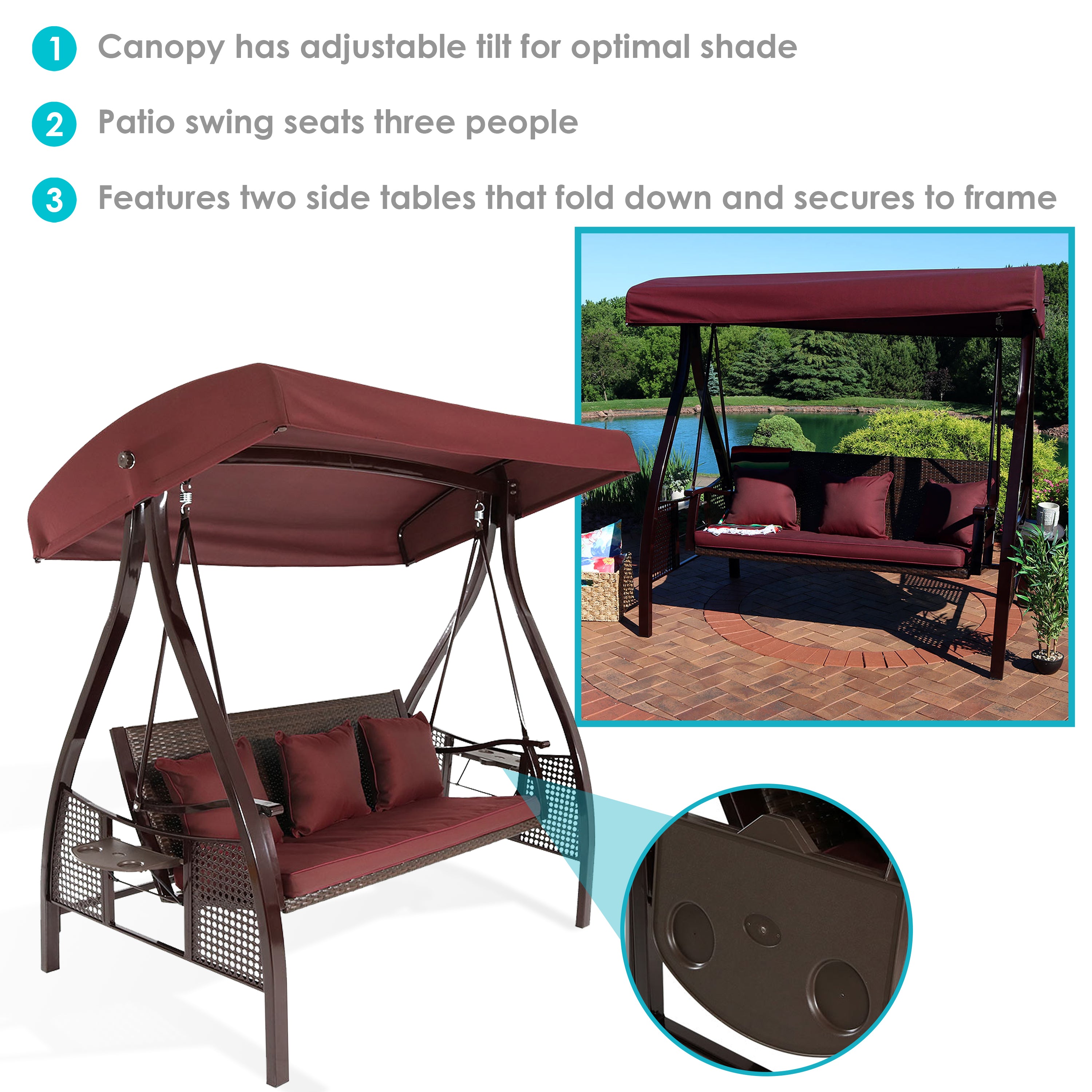Sunnydaze Deluxe 3-Person Outdoor Patio Swing with Adjustable Canopy & Side Tables - Perfect for Backyard, Garden, or Porch Relaxation