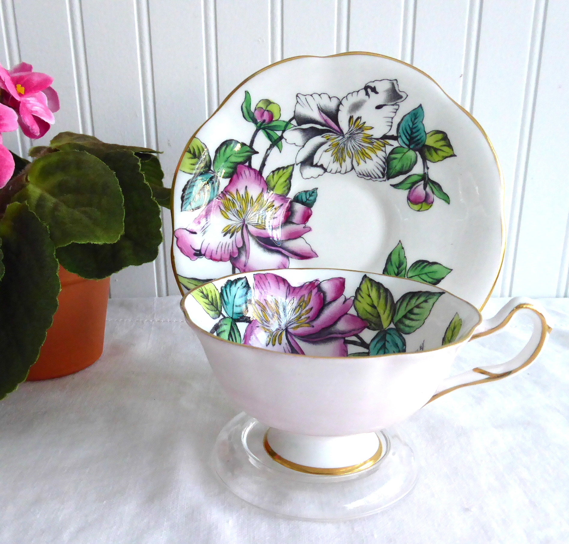 Vintage Bentley Hand-Painted Blushing Pink Rosina Lilies Tea Cup and Saucer Set - Artist Signed 1930s Antique China for Afternoon Tea, Collectible Home Decor, and Vintage Tableware Display