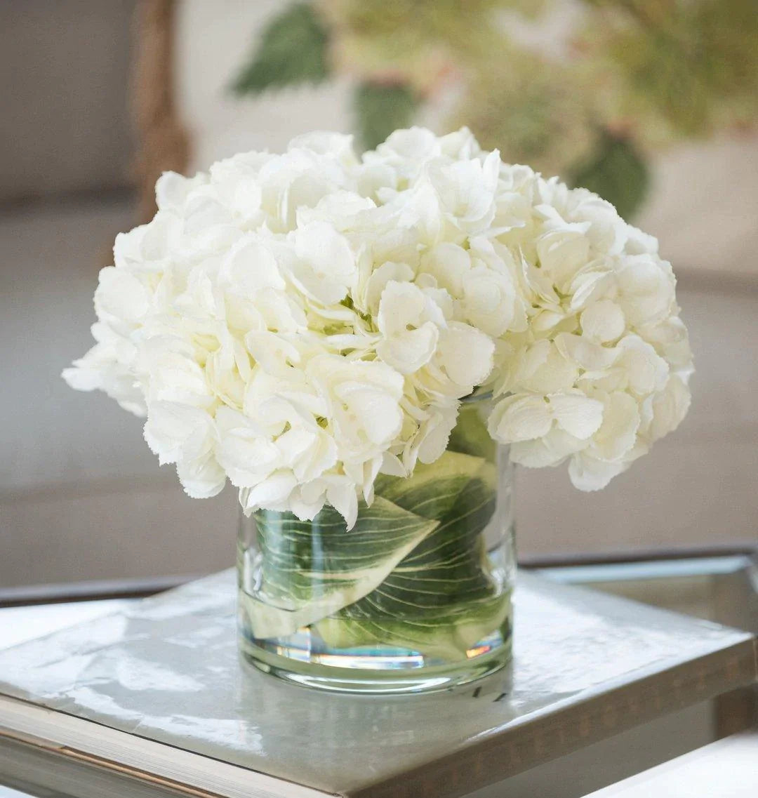 Elegant Cream Faux Hydrangea Floral Arrangement in Glass Cylinder Vase - Perfect for Home Decor, Wedding Centerpieces & Office Tabletop Decorations