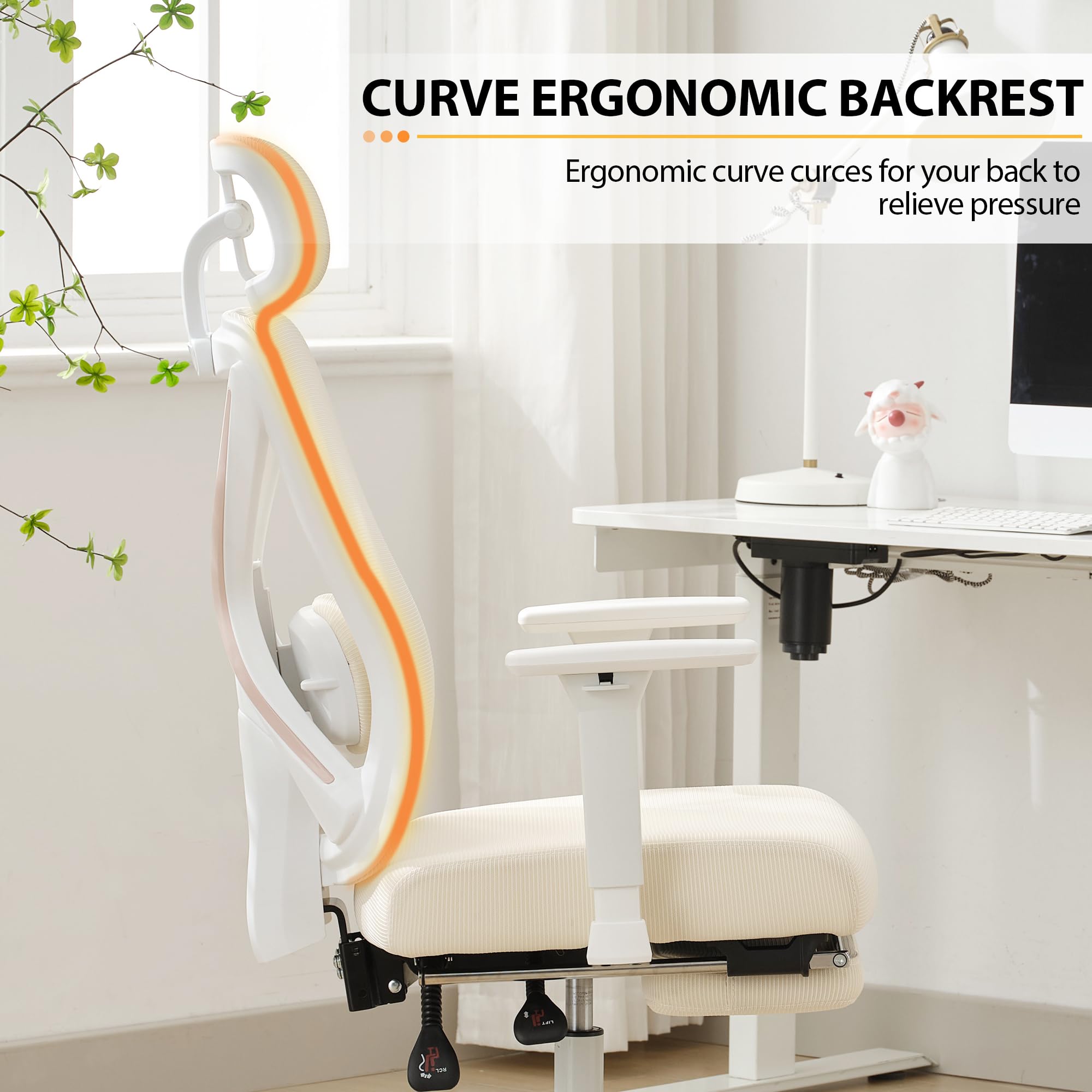 Qulomvs Ergonomic Massage Office Chair with Foot Rest - High Back Reclining Desk Chair with Vibration Massage, Breathable Mesh Computer Chair for Home Office (Cream White) - Perfect for Work, Gaming & Relaxation
