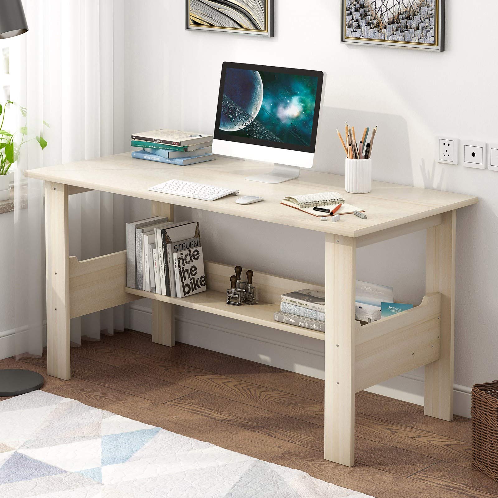 39.4 Inch Modern Home Office Desk with Storage Shelf - Simple Laptop Computer Desk for Study, Writing & Workstation - Space-Saving PC Desk for Bedroom, Small Office & Dorm Room (Yellow)