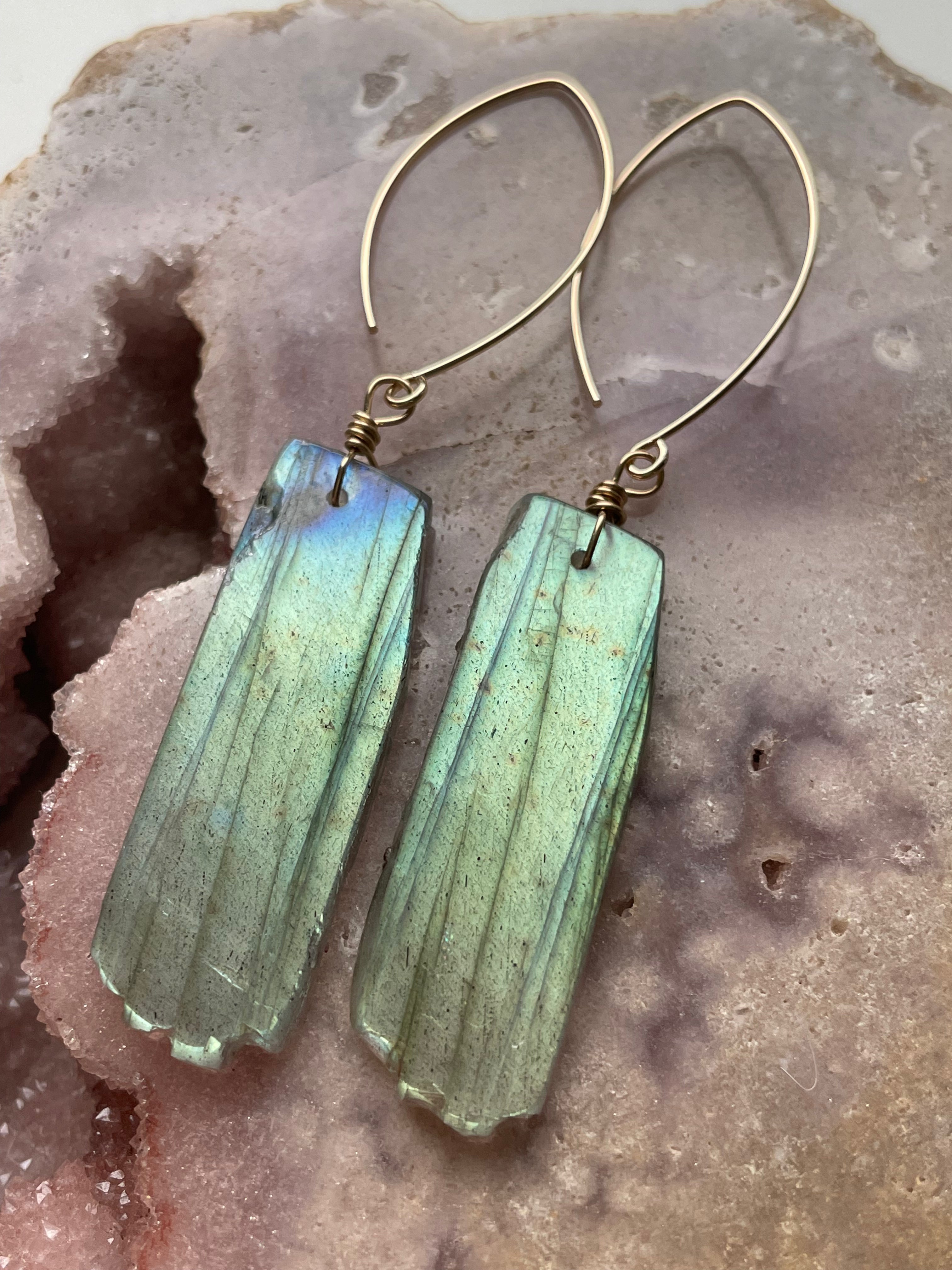 Gold Labradorite Dangle Drop Crystal Earrings for Women - Elegant Gemstone Jewelry for Party, Wedding & Evening Wear