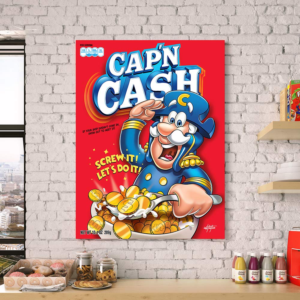 Inktuitive 'Capn Cash’ Motivational Wall Art with Black Frame | Cereal-Inspired Canvas Print | Inspirational Décor for Bedroom, Kitchen, Living Room & Office | 40 x 30 Inches | Perfect for Home, Office & Gifts