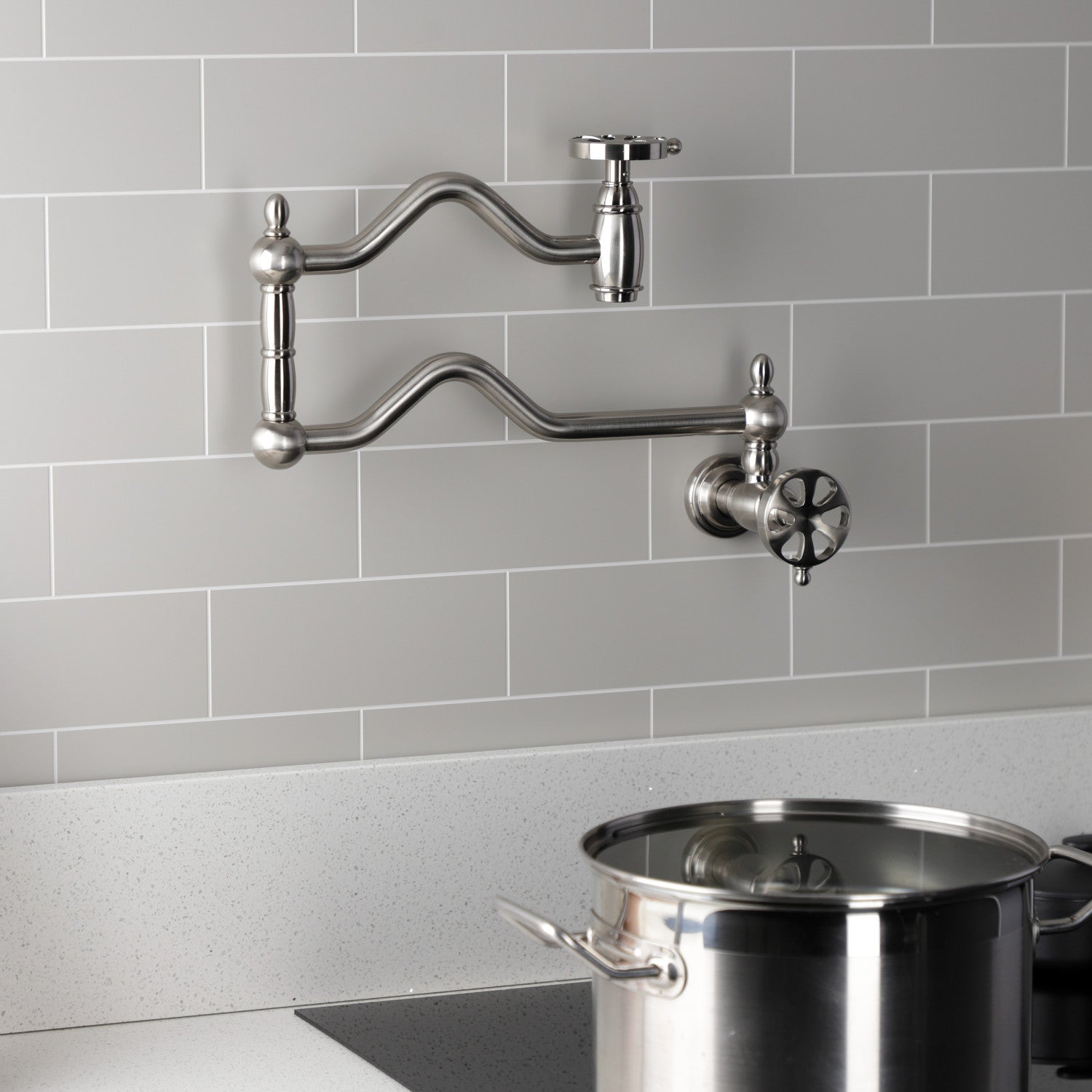 Belknap KS2108RX Brushed Nickel Two Handle Pot Filler Faucet - Ideal for Kitchen Sink, Stove & Cooking Area