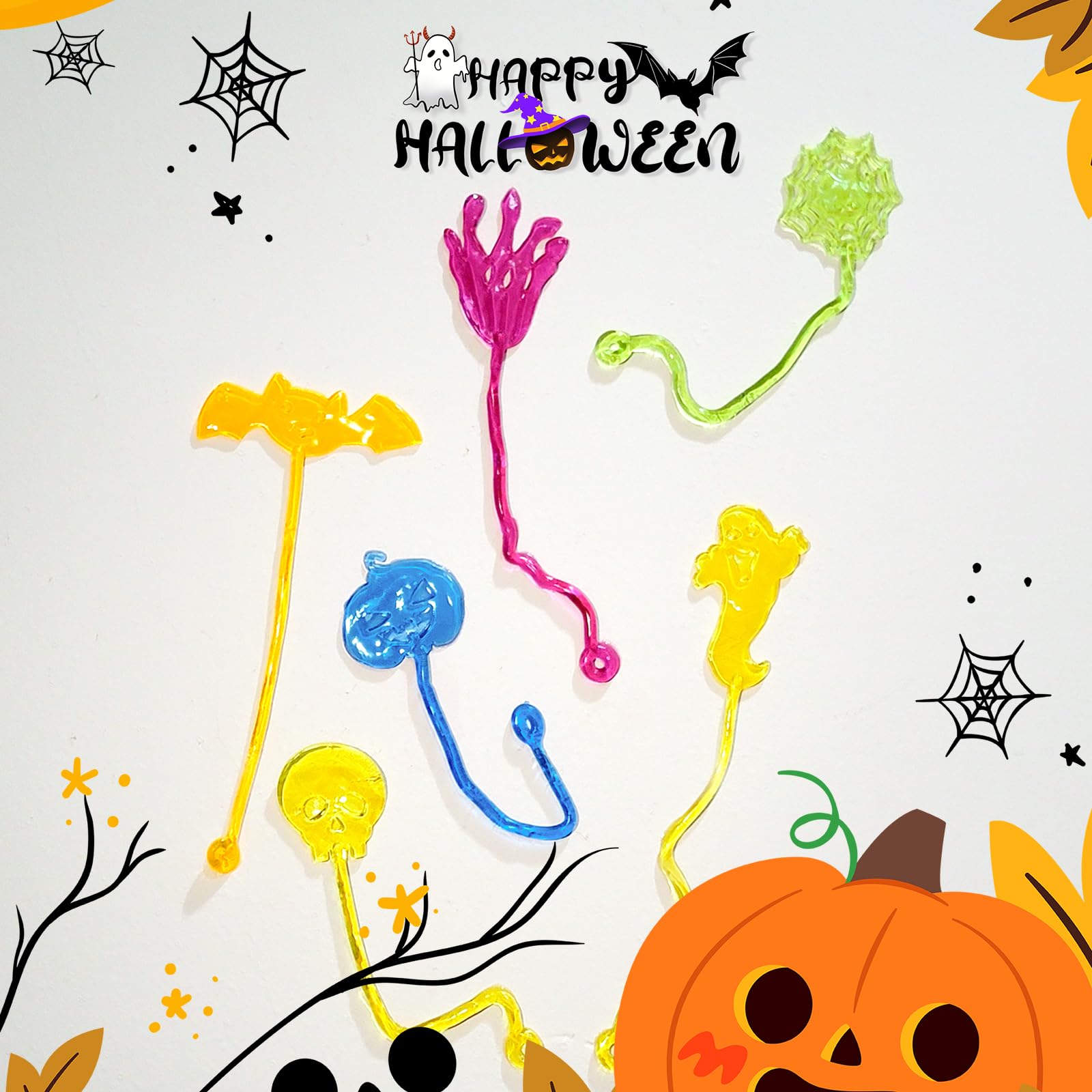 28 Pcs Halloween Sticky Hands Toys for Kids - Skull, Bat, Ghost & Pumpkin Stretchy Party Favors for Trick or Treat, Goodie Bags, Pinata Fillers & Classroom Prizes | Perfect for Halloween Parties, School Events & Festive Gift Giving