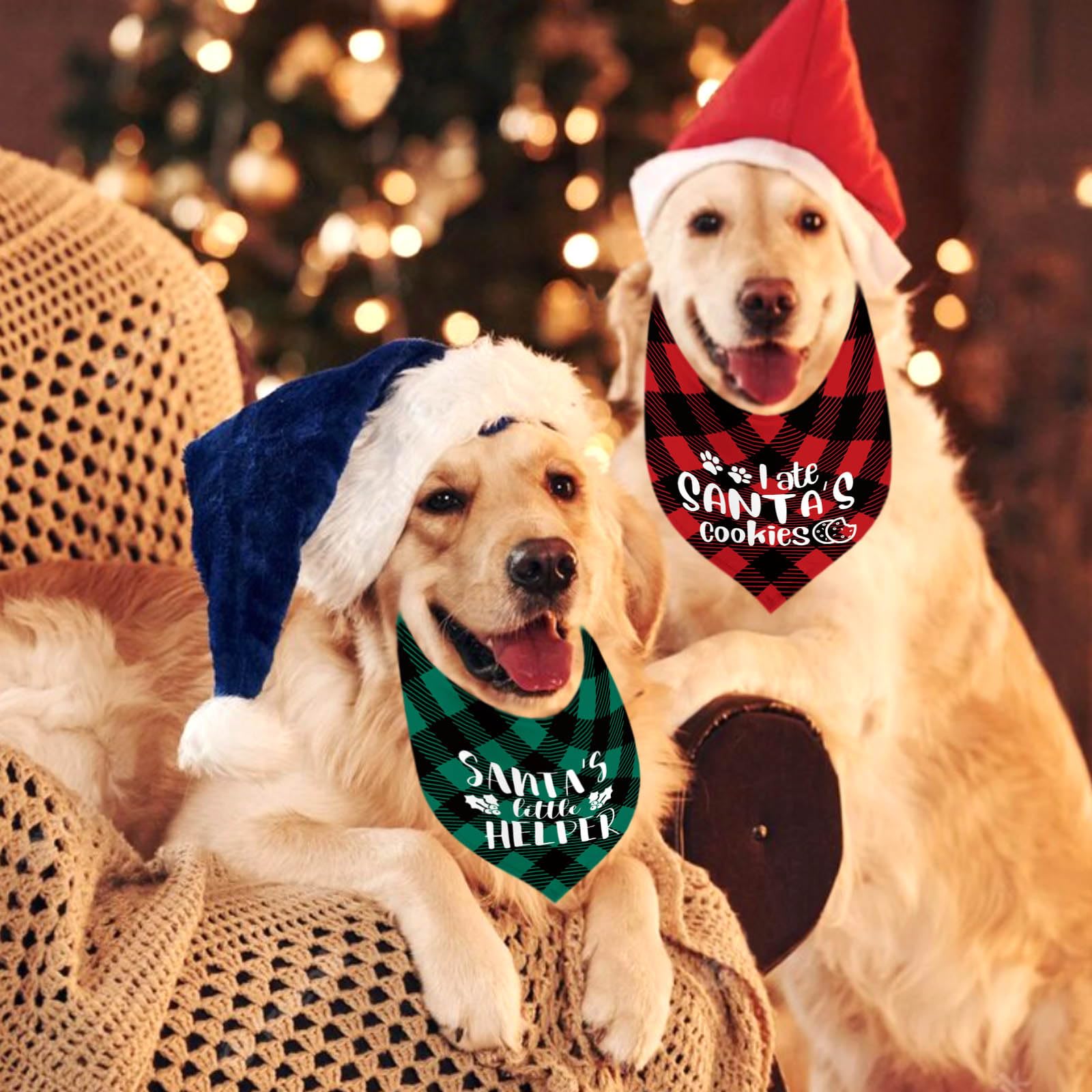 Christmas Dog Bandanas 2 Pack - Red Green Plaid Pet Bandana & Cat Scarf Set for Holiday Photos, Parties & Gifts