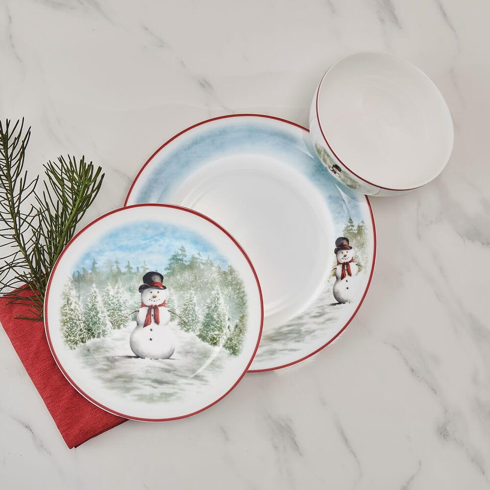 Snowman Enchantment 12-Piece Dinnerware Set - Service for 4 People - Holiday Tableware for Christmas Dinner, Winter Parties & Festive Gatherings