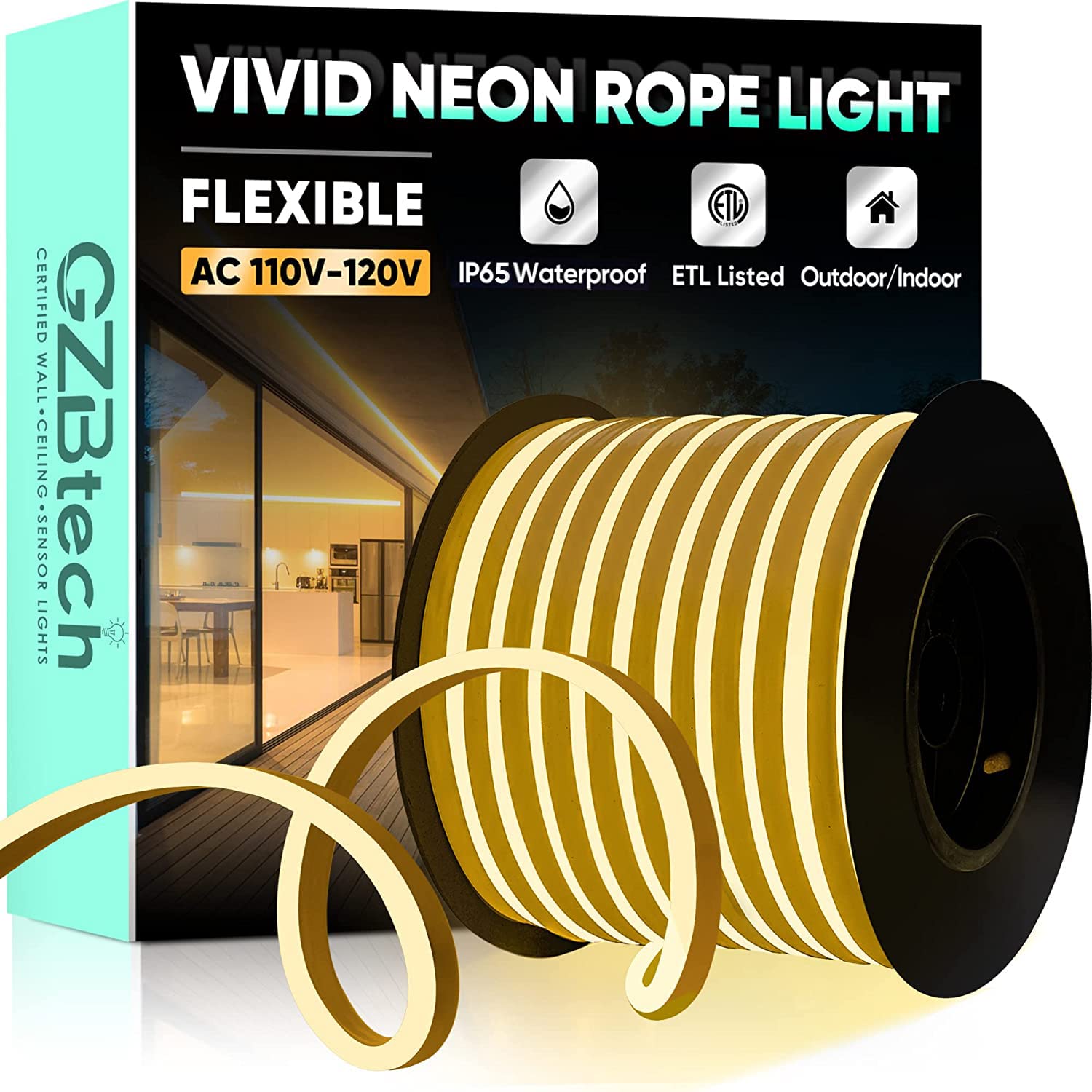 GZBtech 100FT Flexible LED Neon Rope Lights - Waterproof 120V Neon Strip Lighting with 120 LEDs/M (Cuttable & Connectable) - Warm White 30M for Indoor/Outdoor Home Decor, Commercial Buildings, Bars, Wedding & Party Decorations