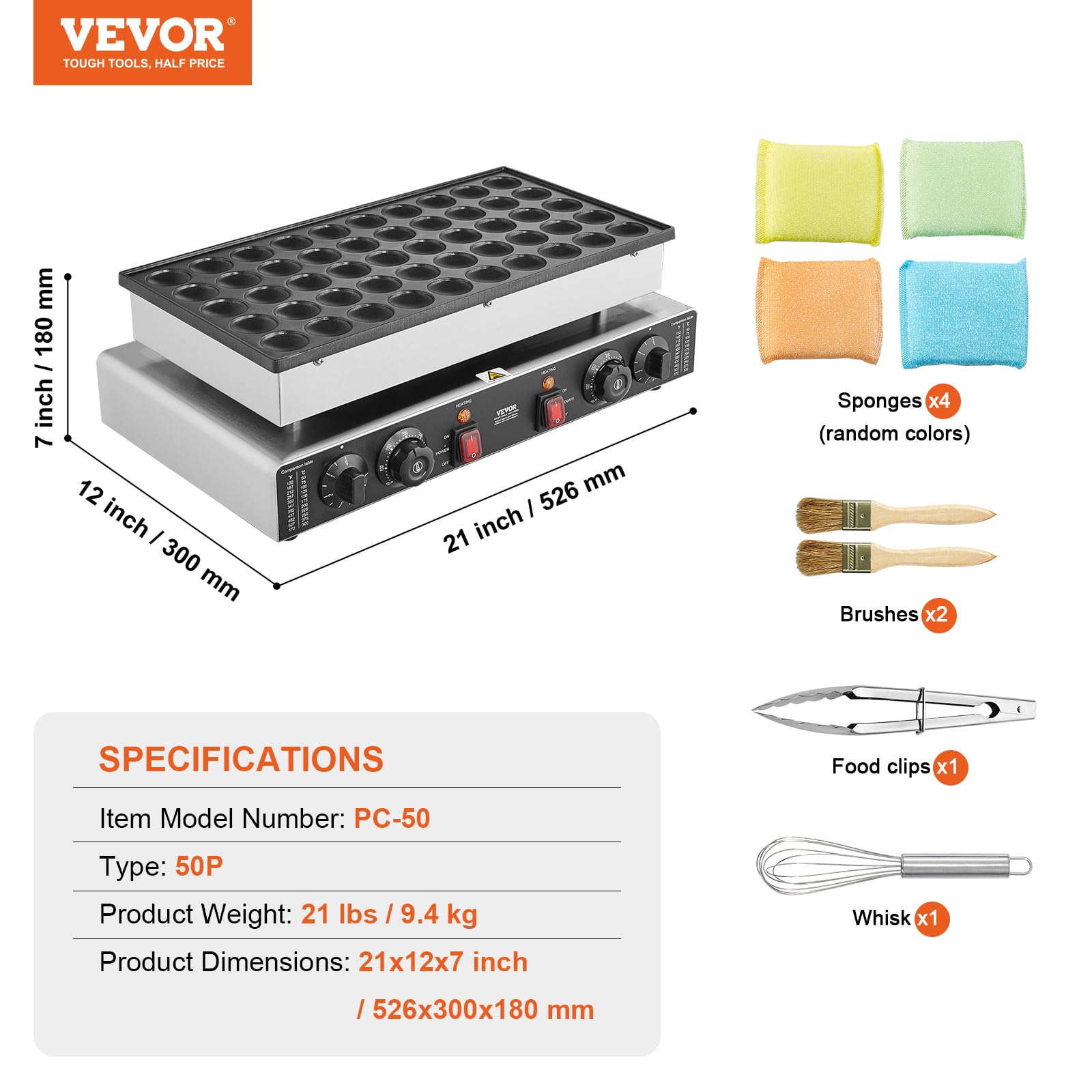 VEVOR 110V Mini Dutch Pancake Maker Machine - 1700W Commercial Electric Nonstick Waffle Baker with 50PCS 1.8 Inch Molds, Dual Thermostats & Independent Timers - Perfect for Home Kitchens, Cafes, and Breakfast Restaurants