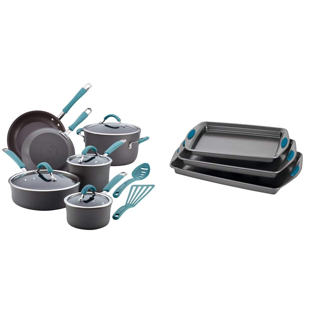 Rachael Ray Cucina 12-Piece Nonstick Cookware Set & 3-Piece Bakeware Set - Hard Anodized Pots, Pans, Cookie Sheets - Gray with Blue Handles - Perfect for Baking, Cooking, and Family Meals