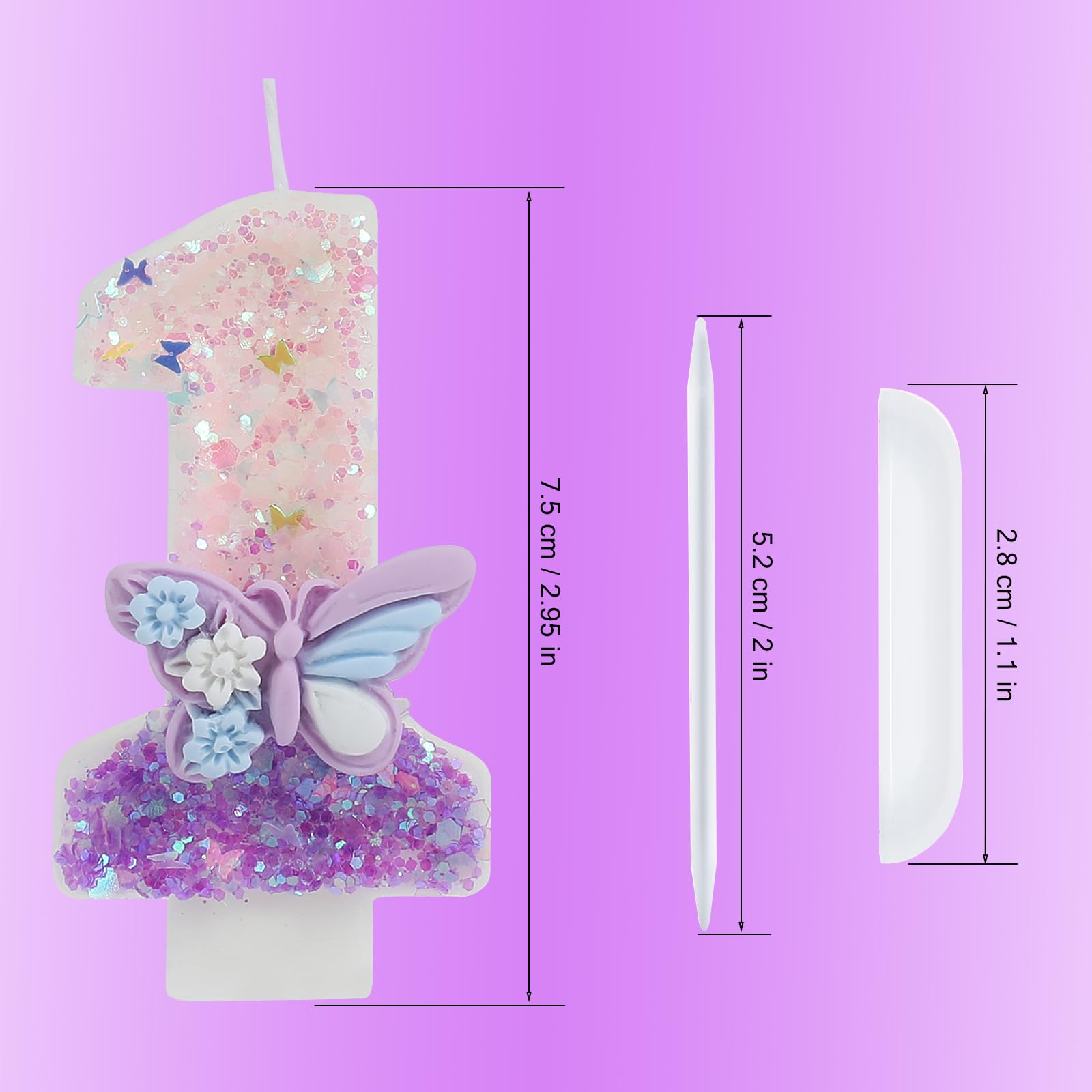 Pink & Purple Butterfly Glitter Number 1 Birthday Candles - Sparkling Cake Topper with Sequins for Girls & Women | Anniversary, Birthday Party Decorations & Cake Decorating Supplies
