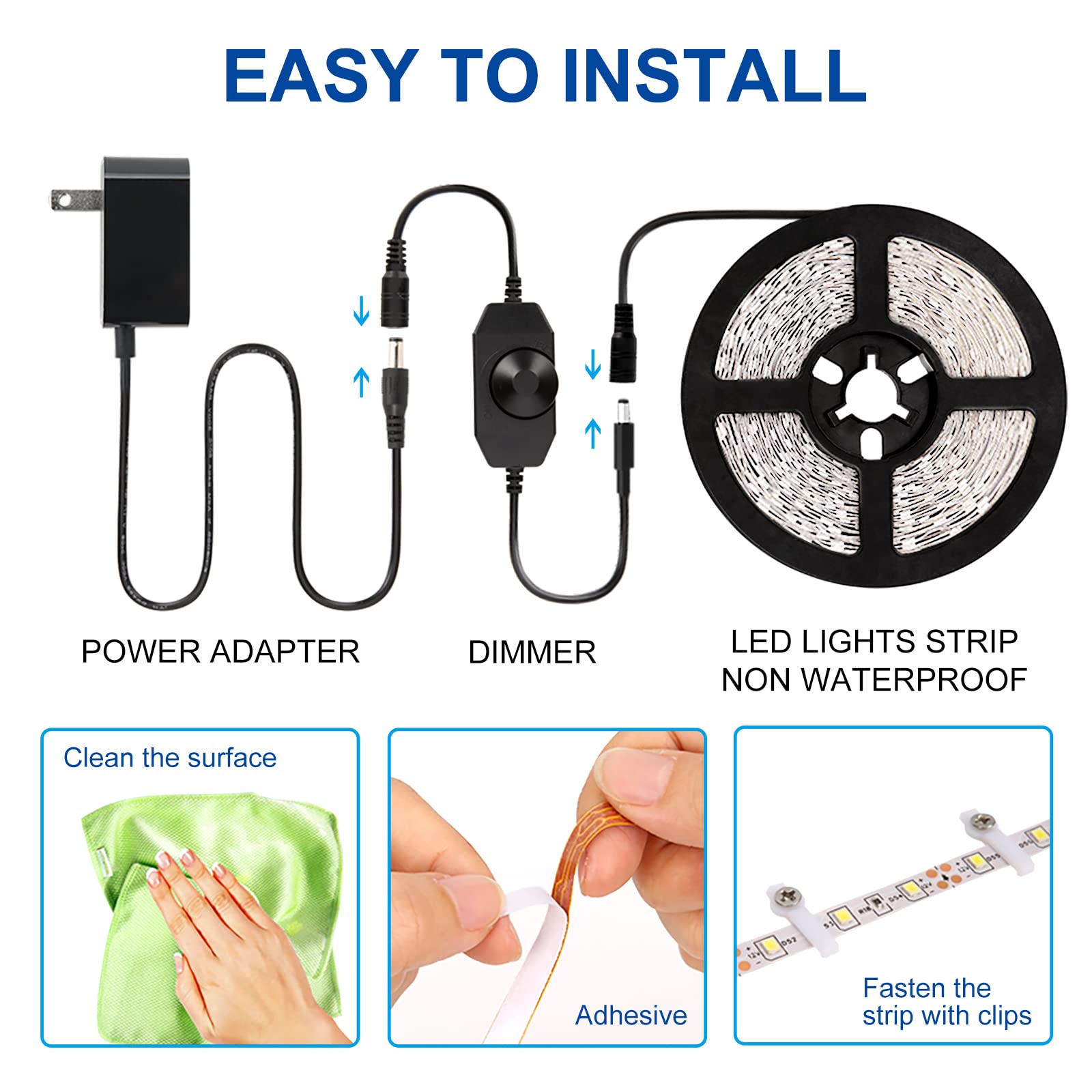 KOPMHYE 5M Dimmable LED Strip Lights Kit - 12V Flexible Tape Light with 300 2835 LEDs, 16.4ft 6000K Daylight White Ribbon & Power Adapter - Perfect for Under Bed Lighting, Vanity Mirror, Cabinet, Home Decor (Non-Waterproof)