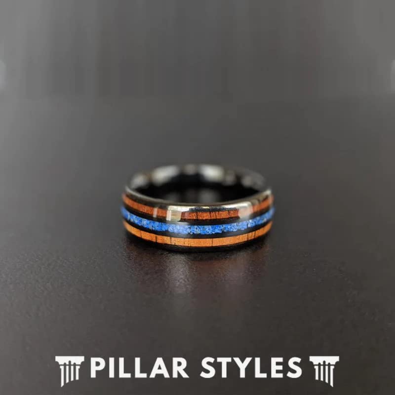 Lapis Lazuli and Koa Wood Tungsten Rings for Men - 8mm Tropical Blue Lapis Ring, Wooden Wedding Band, Black Comfort Fit, Anniversary Gift for Him - Perfect for Weddings, Engagements, and Special Occasions
