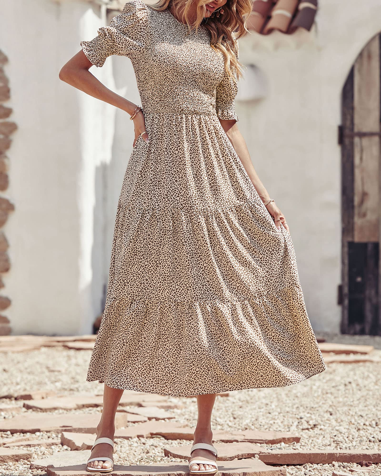 BTFBM Women's Casual Summer Floral Print Maxi Dress - Crew Neck, Ruffle Short Sleeve, Smocked Waist, Boho Flowy Design for Spring/Summer 2025 | Perfect for Beach Vacations, Date Nights & Outdoor Parties