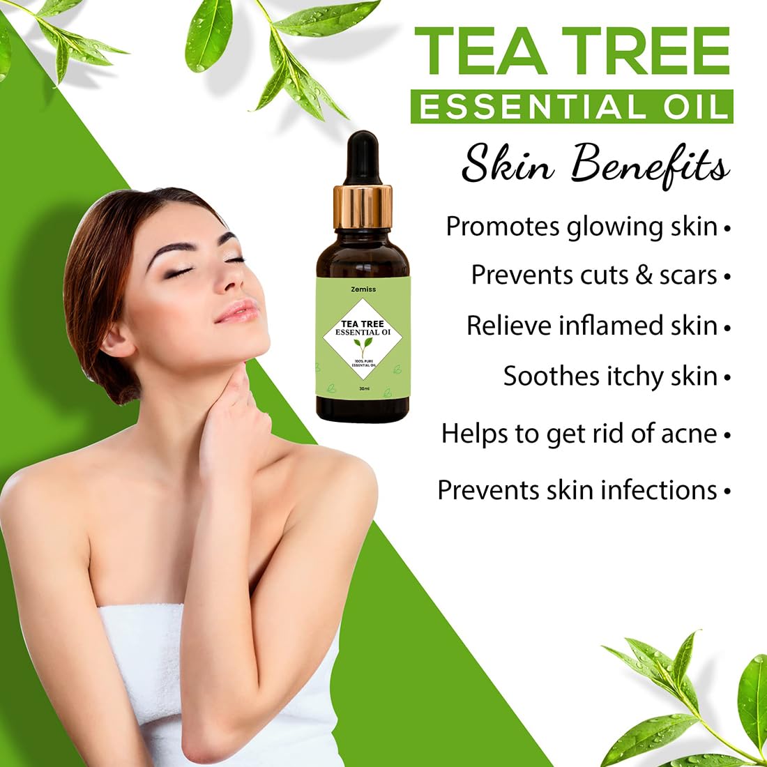 Zemiss 100% Pure Tea Tree Essential Oil for Skin, Hair & Acne Treatment - Natural Aromatherapy Oil for Clear Complexion & Soft Hair (3-Pack) - Perfect for DIY Beauty, Massage & Home Spa Relaxation