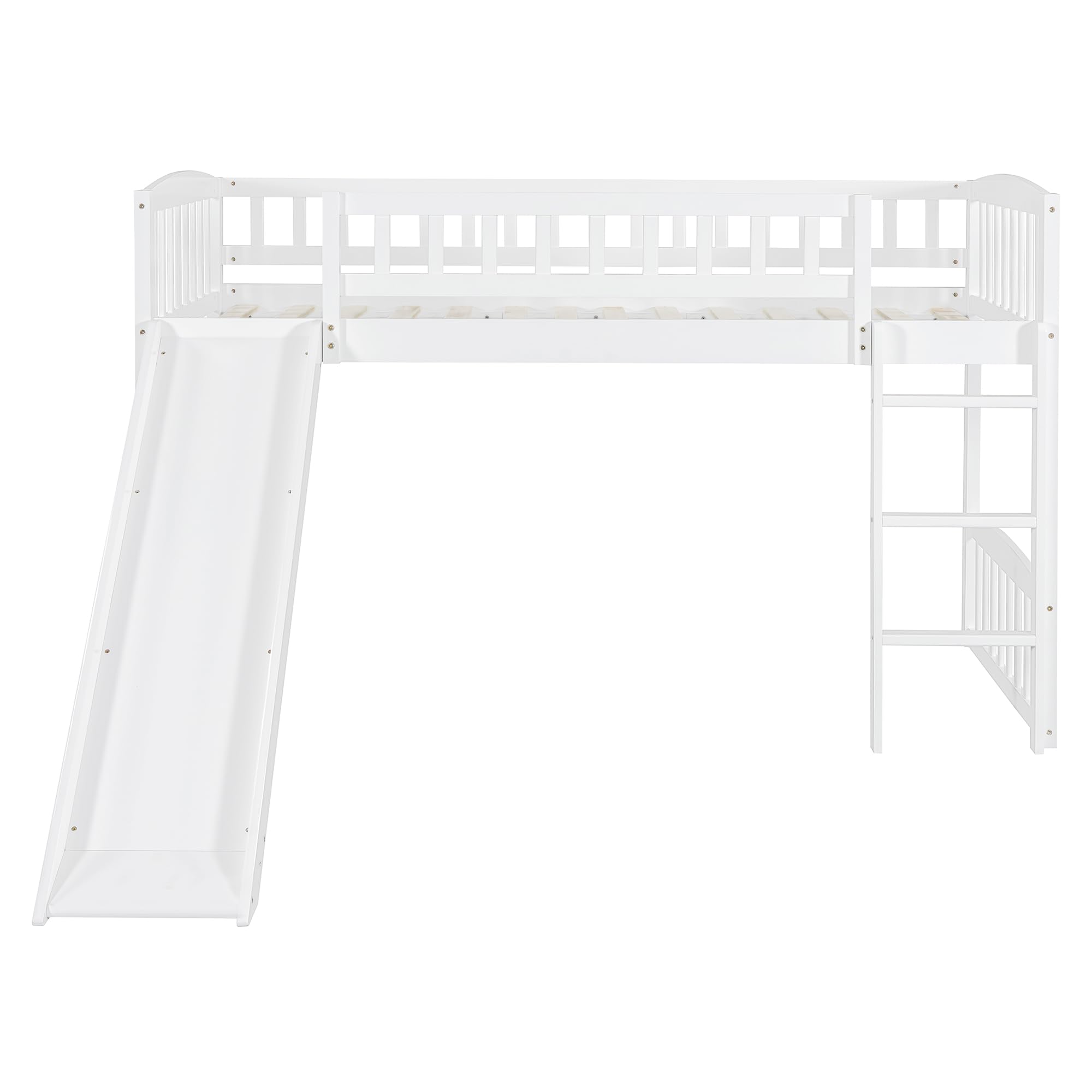 Twin Size Low Loft Bed with Slide and Ladder - Sturdy Wooden Loft Bed Frame for Kids, Girls & Boys - White - Perfect for Small Bedrooms, Playrooms & Dorm Rooms