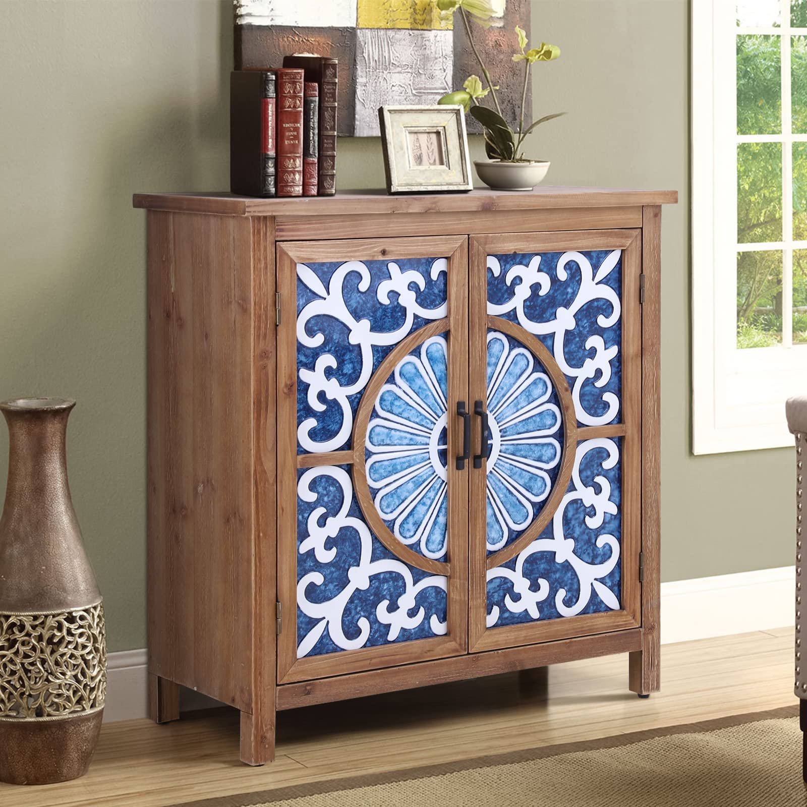 Sophia & William 2-Door Accent Storage Cabinet - Distressed Wood Frame with Black White Floral Pattern - Entryway Hallway Living Room Organizer - Perfect for Home Decor, Farmhouse Style & Small Space Storage Solutions