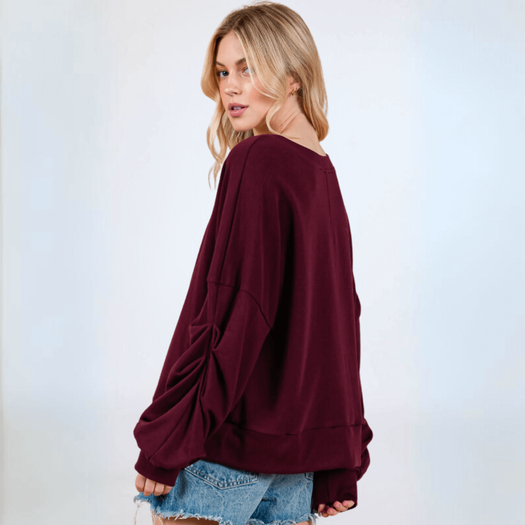 Premium Cabernet Red Sweatshirt with Elegant Sleeve Gathering | 100% Made in USA | Cozy Casual Wear for Women's Fall Fashion & Weekend Outings