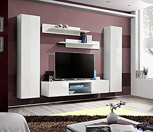 Modern White Wall-Mounted TV Stand with Storage Shelves & LED Lights - 33
