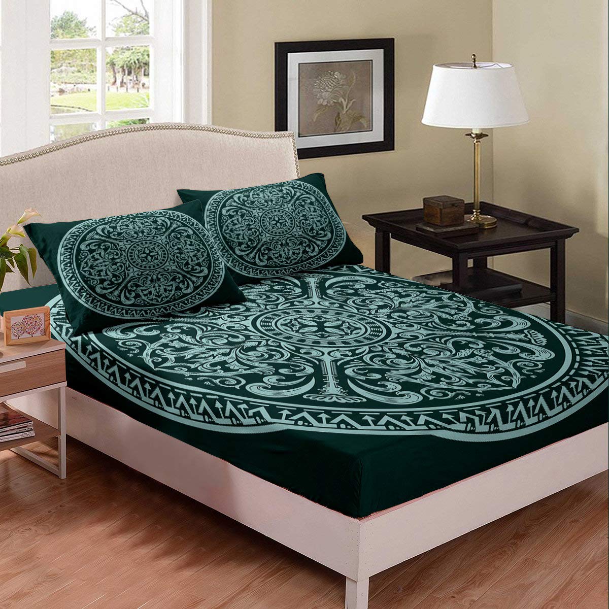 Erosebridal Queen Size Mandala Tie Dye Bedding Set - Boho Chic Floral Print Fitted Sheet with 2 Pillowcases for Adults, Teens, Women & Men - Exotic Bohemian Spiral Design in Teal - Perfect for Dorm Rooms, Guest Beds & Boho Home Decor