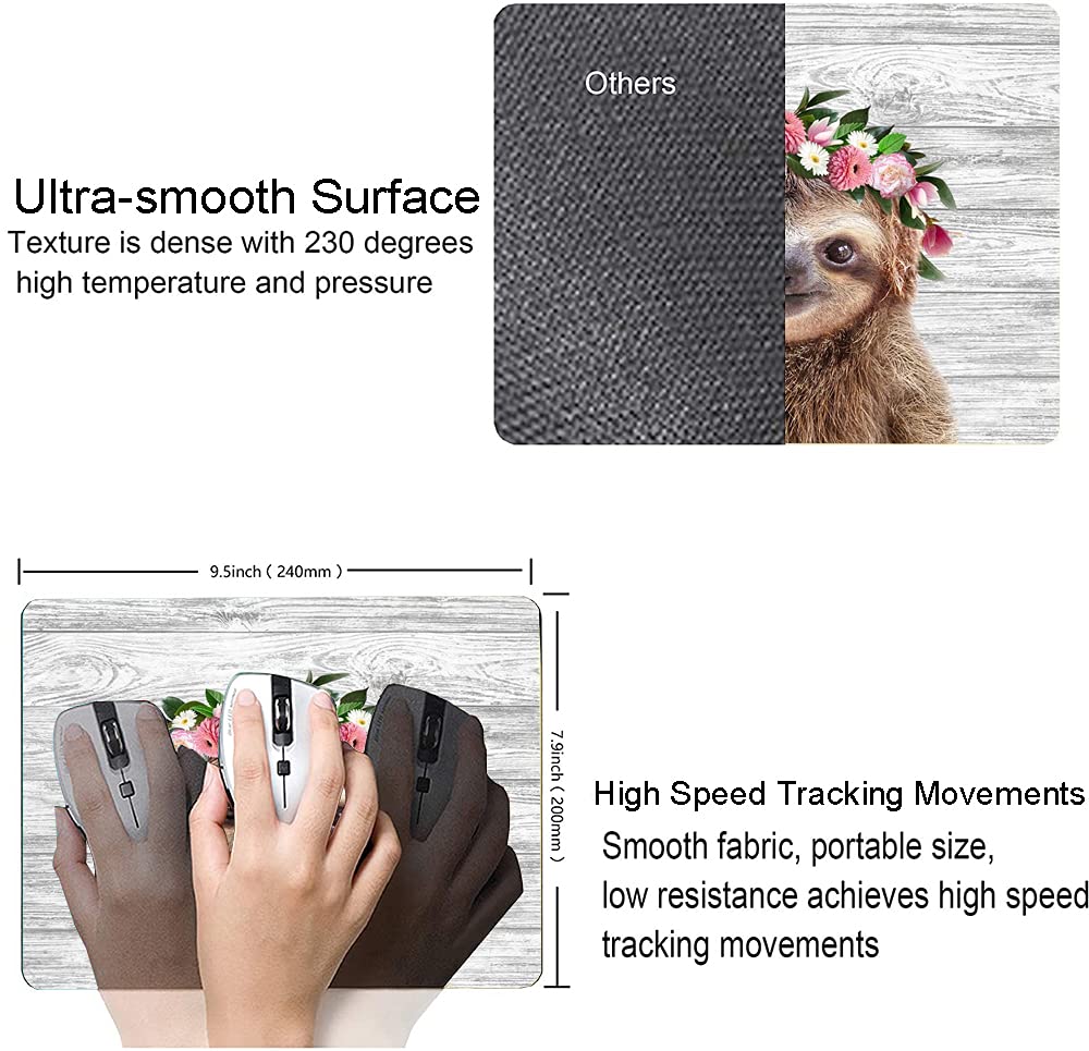 Cute Sloth Floral Mouse Pad - Non-Slip Rubber Base, Waterproof Square Mouse Mat for Office & Laptop - Perfect Gift for Women & Girls (Home, Office, Gaming Setup)