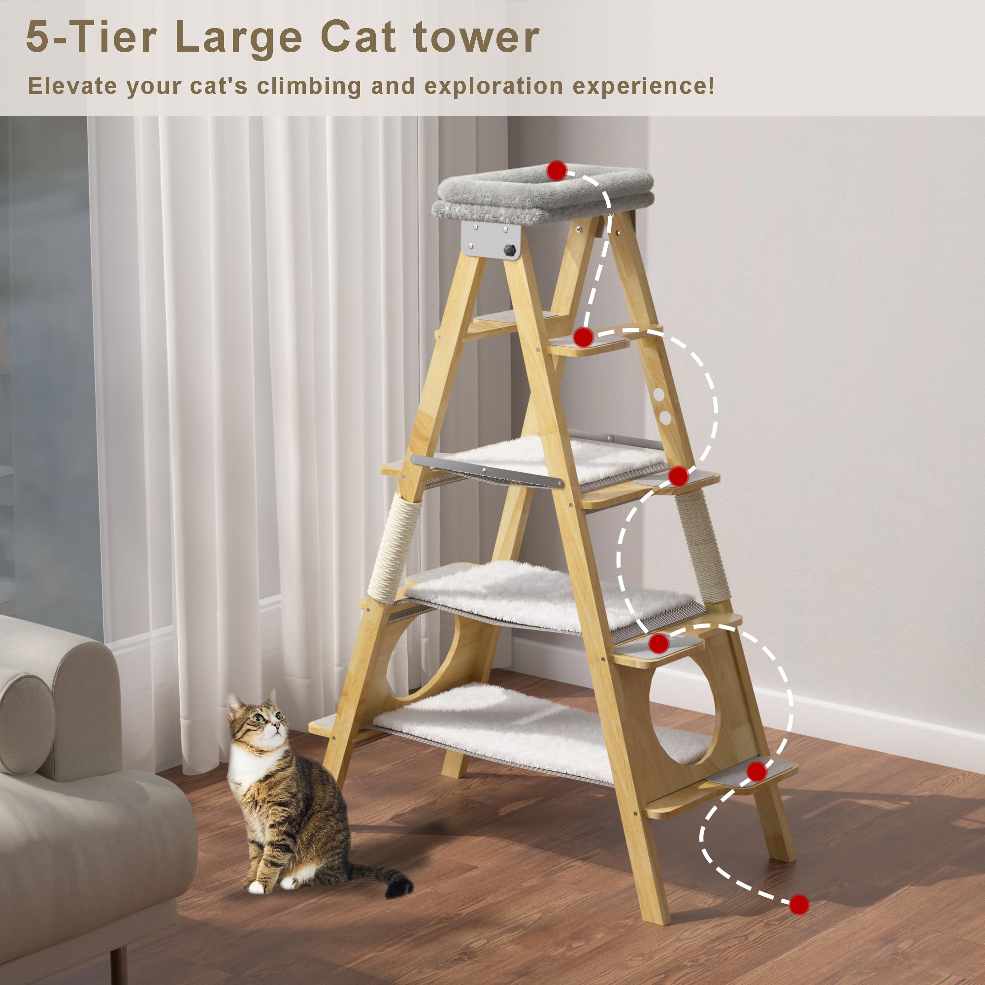 GDLF Modern Wood Cat Tree with Foldable Ladder, Hammock & Sisal Scratch Post - 60