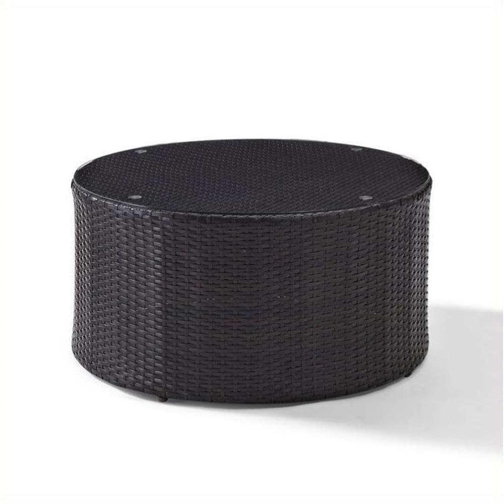 Pemberly Row Outdoor Wicker Round Glass Top Coffee Table - Weather-Resistant Patio Furniture for Garden, Poolside & Backyard Decor