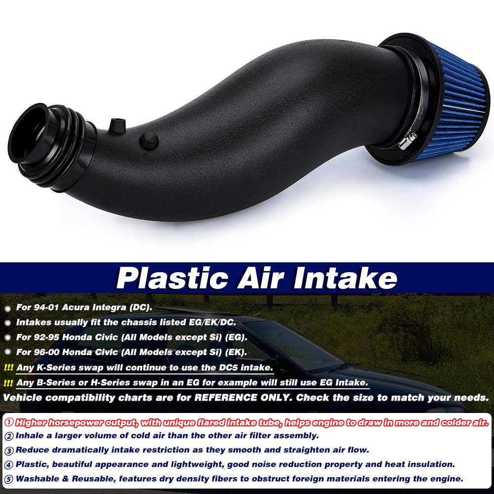 PTNHZ Plastic Air Intake Pipe Compatible with Honda Civic 1992-2000 EK EG Models - High Performance Replacement Part with Air Filter for Enhanced Engine Airflow & Fuel Efficiency
