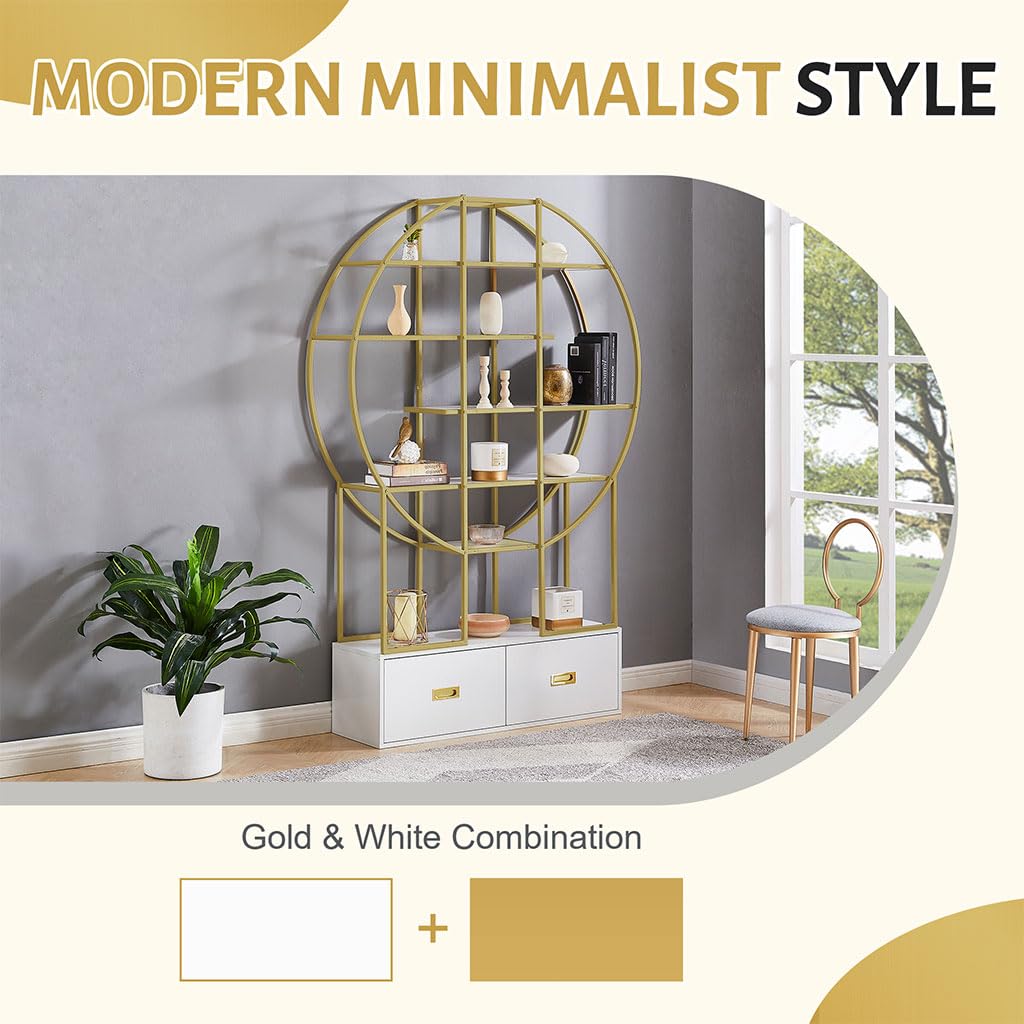 5 Tier Bookshelf with 2 Drawer File Cabinet - 70.8 Inch Round Office Bookshelf, Wood & Metal Storage Organizer for Home Office, Living Room, Bedroom - Perfect for Organizing Books, Files, and Decorative Items