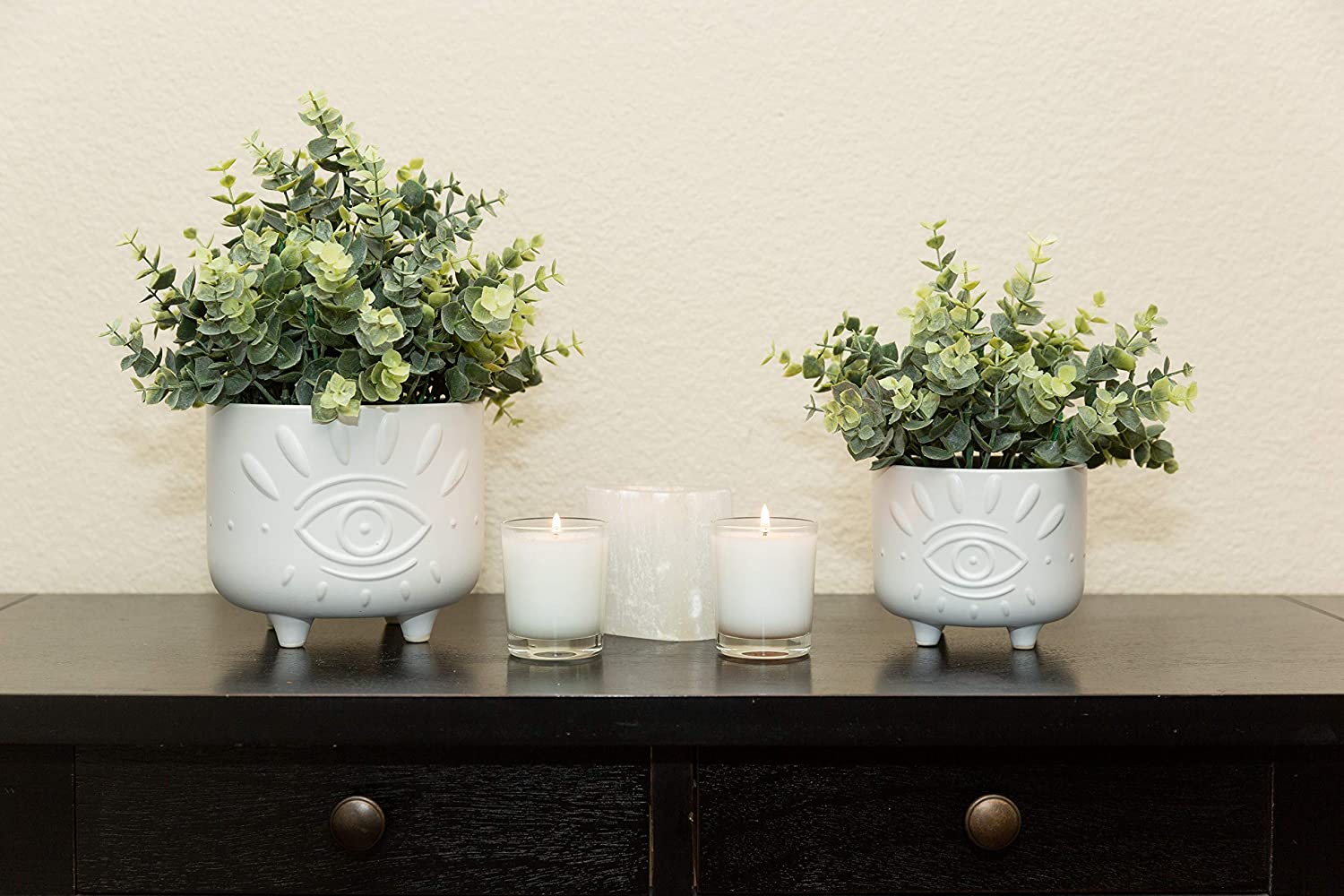 Flora Bunda 6IN & 4.75IN Evil Eye Ceramic Plant Pots with Stand, Set of 2, Matte White - Perfect for Home Decor, Office Plants & Succulent Arrangements