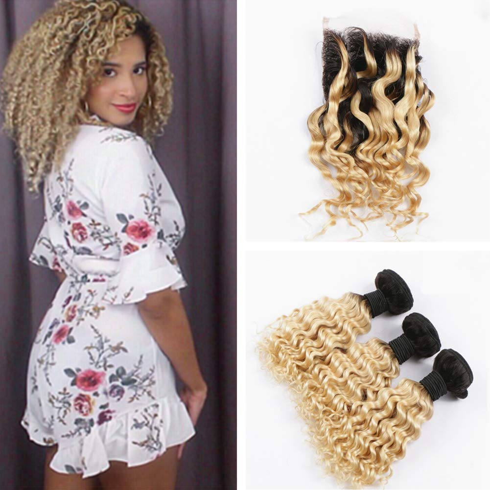 Brazilian Human Hair Weaves 3 Bundles with 4x4 Closure - Ombre Blonde to Black Roots (1B/613) Deep Wave Curly Hair Extensions 16-20+14 Inch - Perfect for Parties, Weddings & Daily Styling
