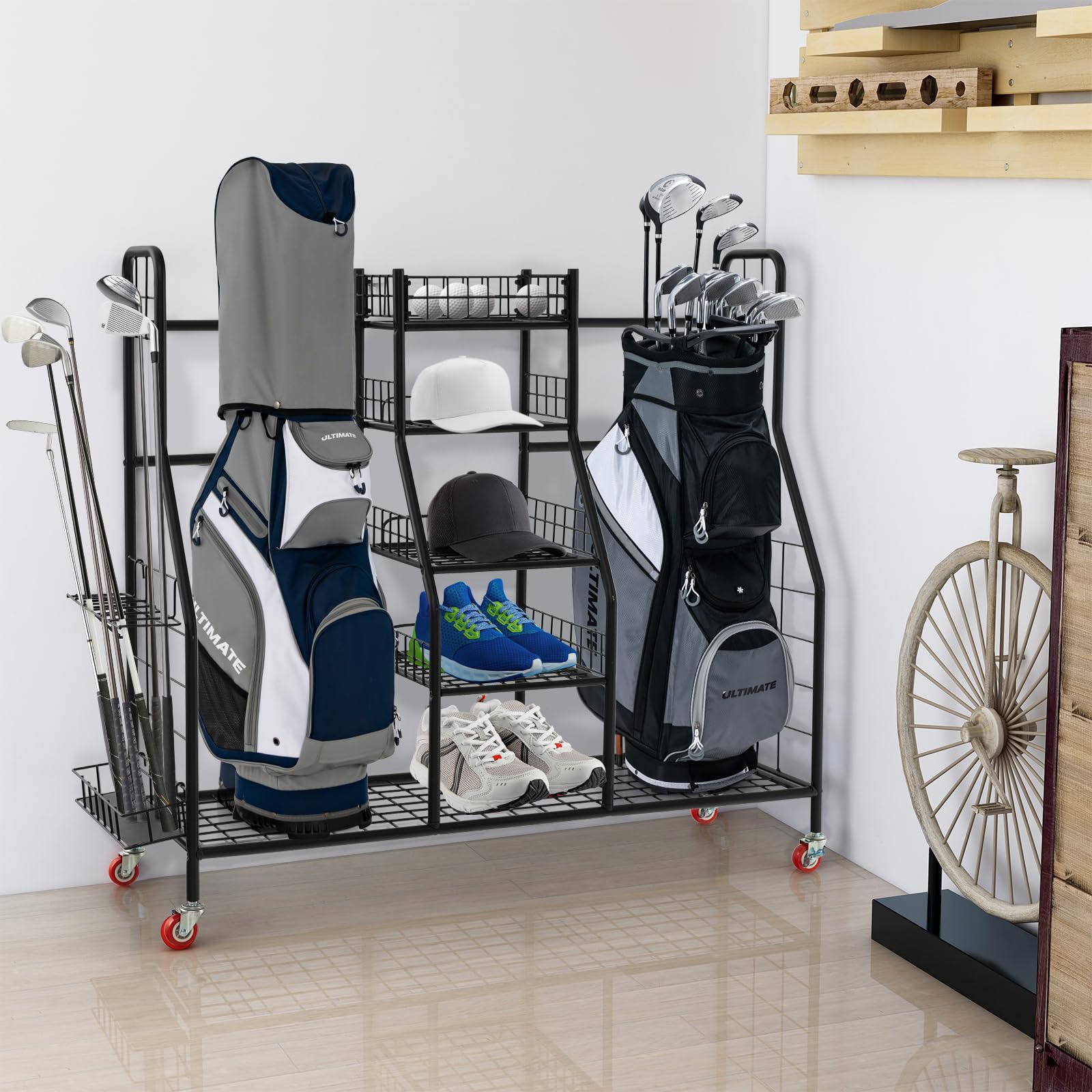 Tangkula Heavy Duty Metal Double Golf Bag Storage Rack with Removable Club Stand, Shelves & Lockable Wheels - Extra Large Golf Equipment Organizer for Garage, Basement or Clubhouse - Perfect for Storing Golf Bags, Clubs & Accessories