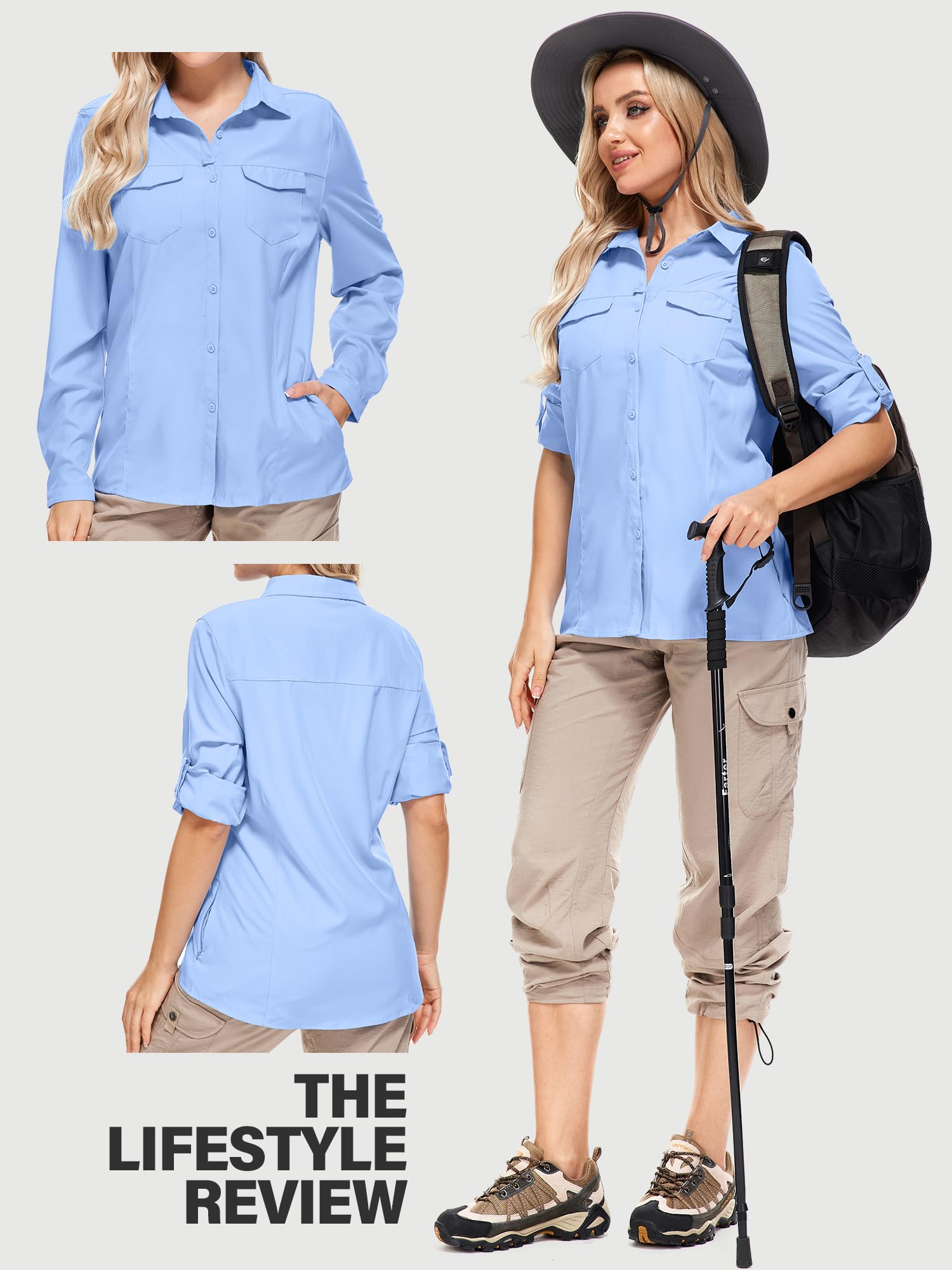 UPF50+ Women's & Men's Sun Protection Fishing Shirts - Long Sleeve Travel & Safari Work Shirts with Zipper Pockets - Perfect for Outdoor Activities, Hiking, and Beach Vacations